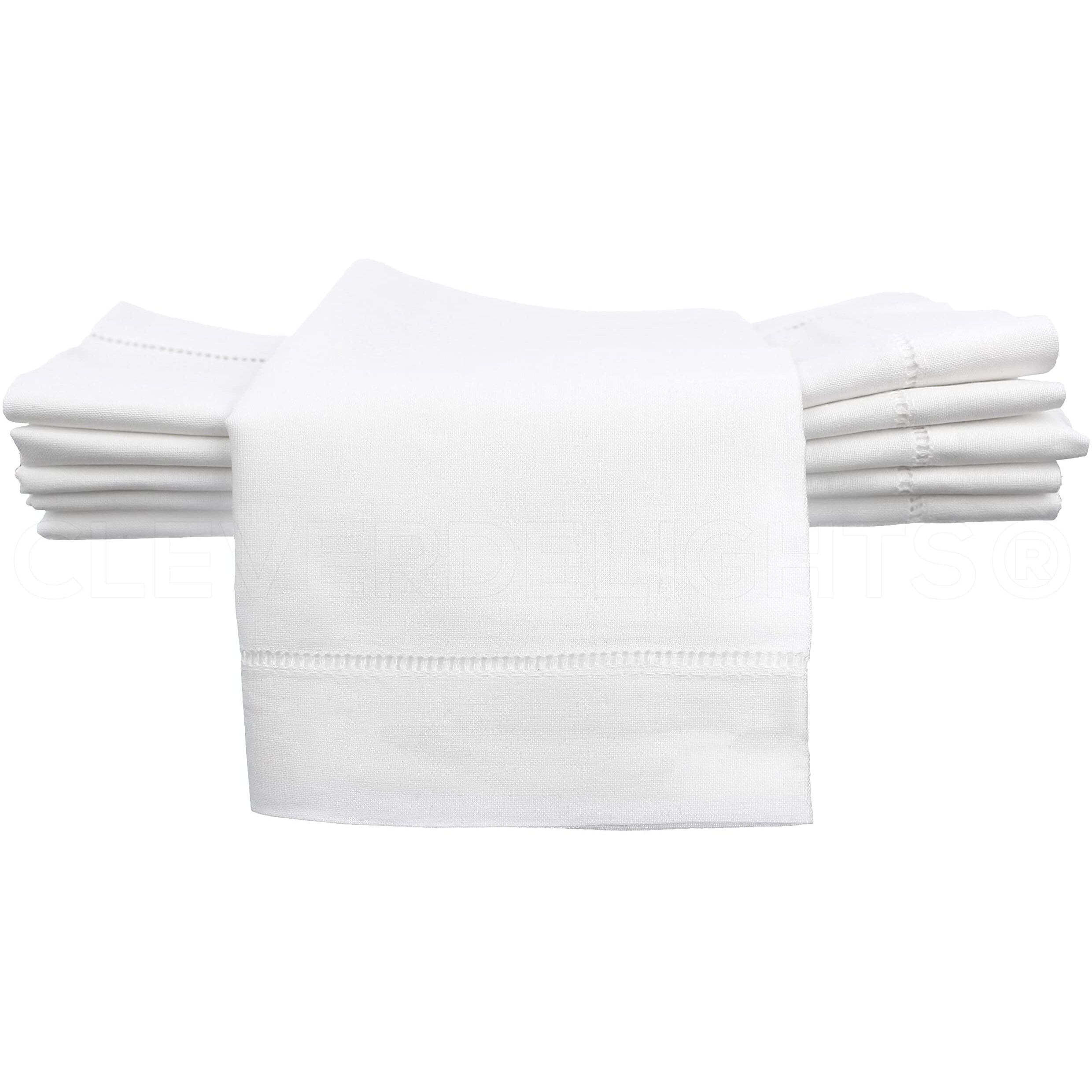 Cleverdelights 20"" White Hemstitch Dinner Napkins - 12 Pack - 55/45 Linen Cotton Blend