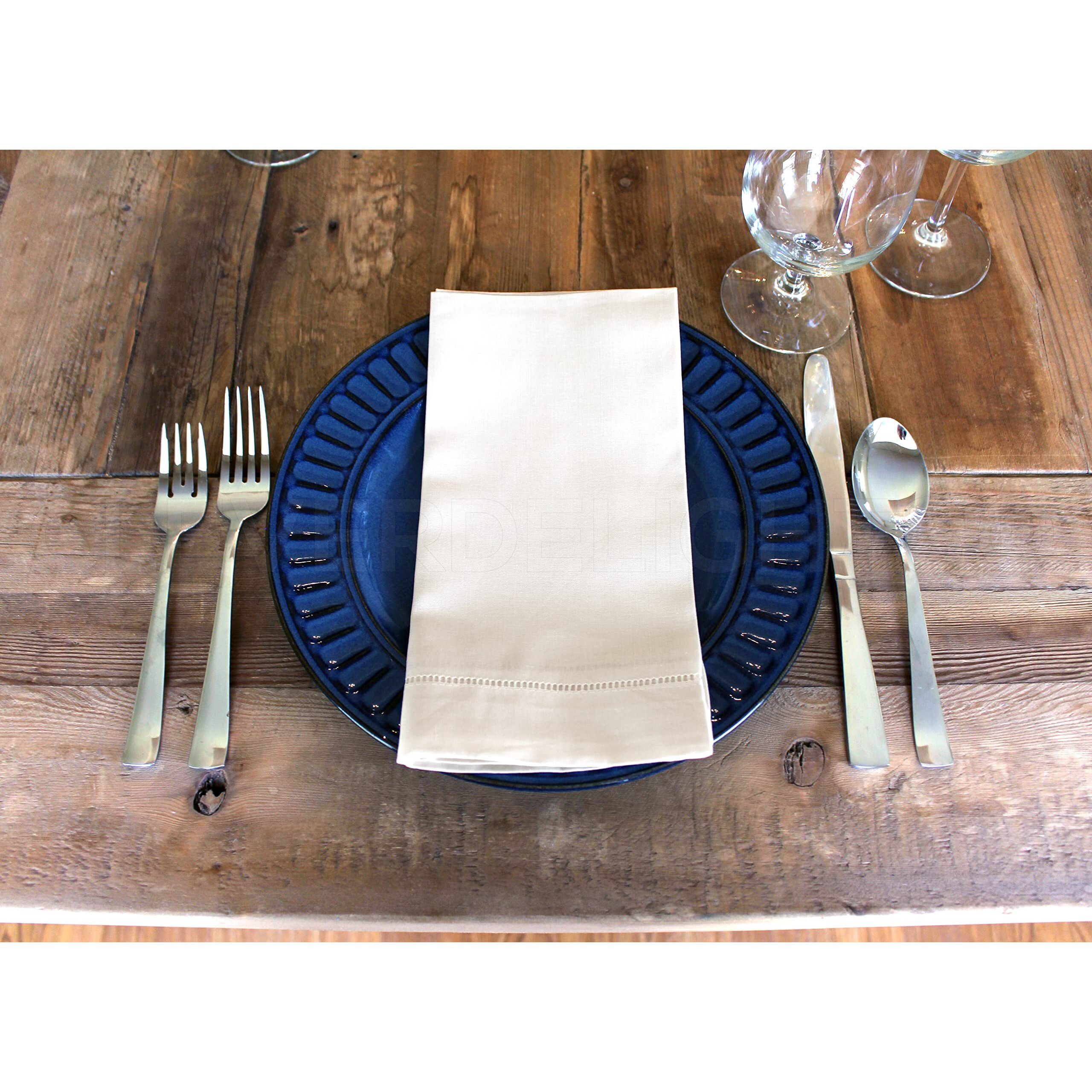 Cleverdelights 20"" White Hemstitch Dinner Napkins - 12 Pack - 55/45 Linen Cotton Blend