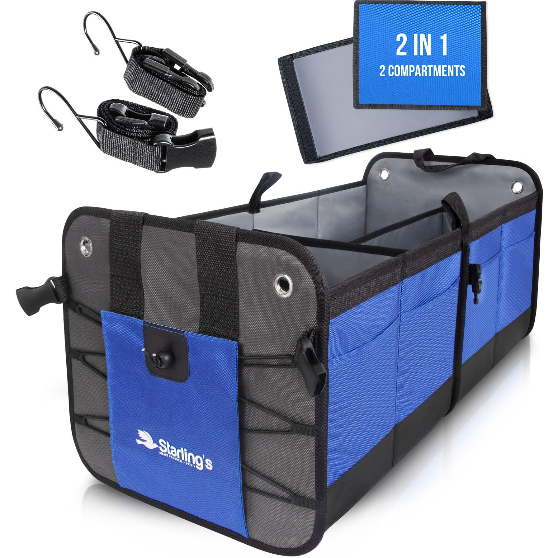 Starling's Car Trunk Organizer For Suv  Auto  Truck And Crossover | Box Trunk Organizer For Car Small With 2 Compartments And Straps | Car Trunk Storage Organizer With Non Slip Waterproof Bottom