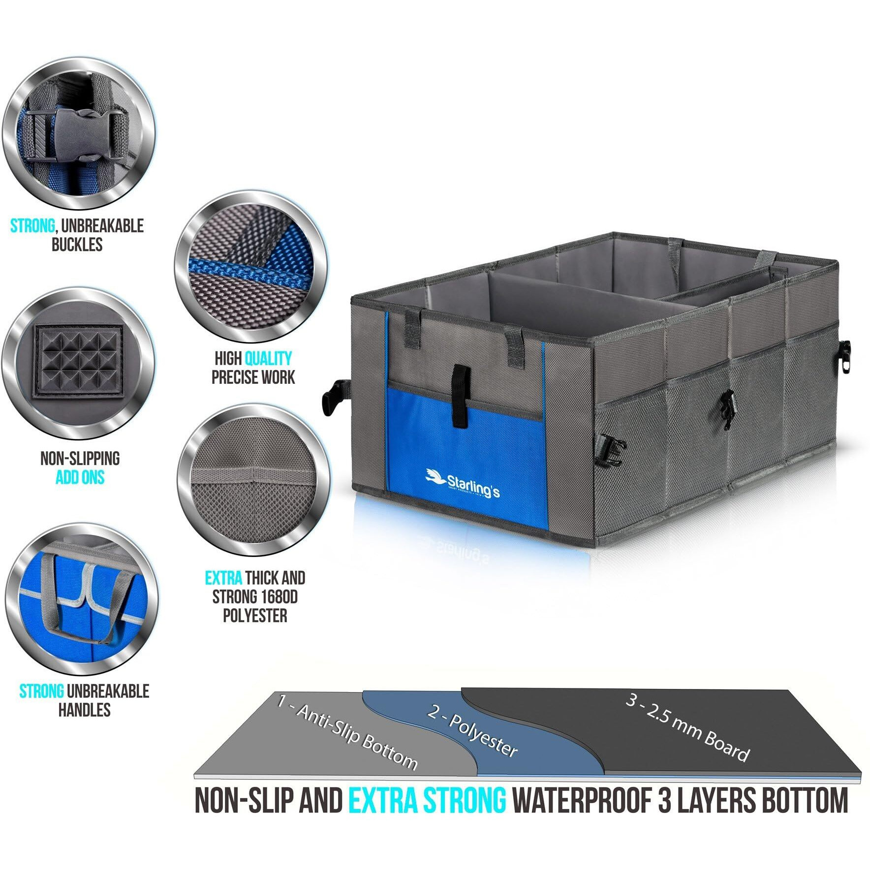 Starling's Car Trunk Organizer For Suv  Auto  Truck And Crossover | Box Trunk Organizer For Car Small With 2 Compartments And Straps | Car Trunk Storage Organizer With Non Slip Waterproof Bottom