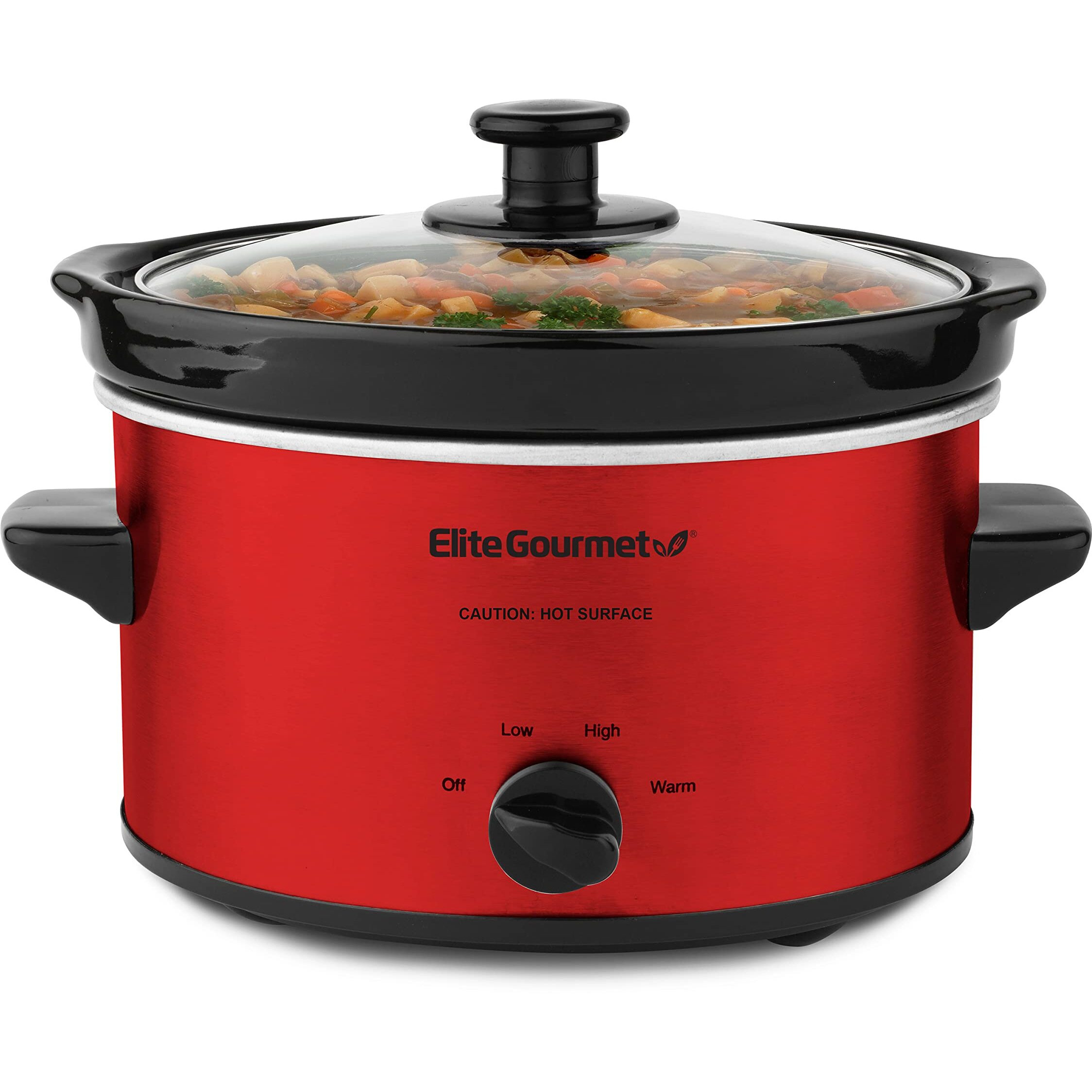 Elite Gourmet Mst-275Xr Electric Oval Slow Cooker  Adjustable Temp  Entrees  Sauces  Stews & Dips  Dishwasher Safe Glass Lid & Crock (2 Quart  Metallic Red)