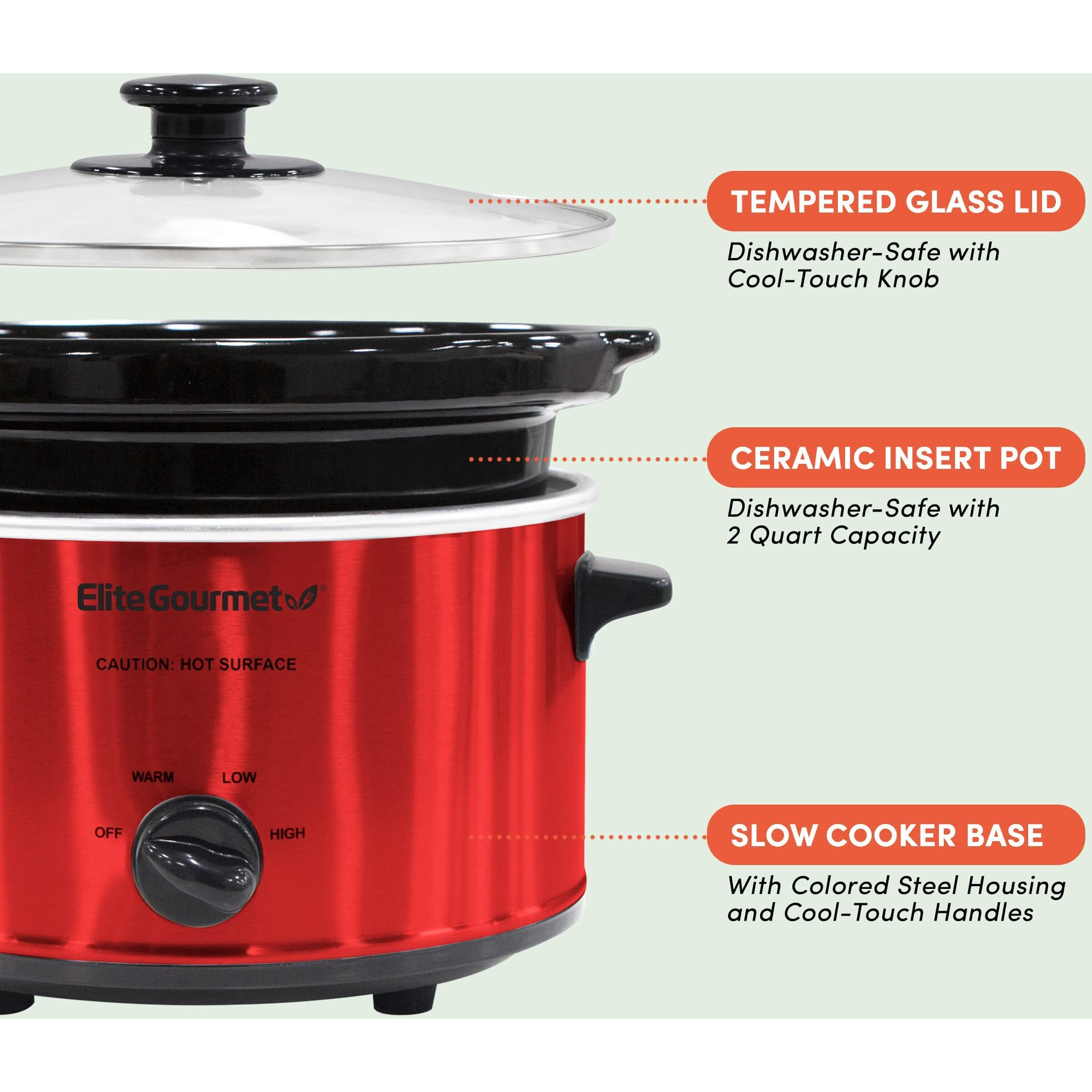 Elite Gourmet Mst-275Xr Electric Oval Slow Cooker  Adjustable Temp  Entrees  Sauces  Stews & Dips  Dishwasher Safe Glass Lid & Crock (2 Quart  Metallic Red)