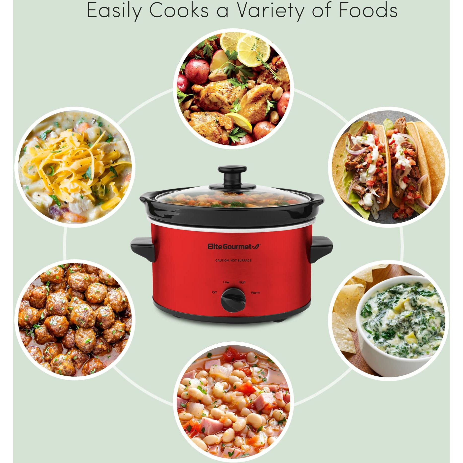 Elite Gourmet Mst-275Xr Electric Oval Slow Cooker  Adjustable Temp  Entrees  Sauces  Stews & Dips  Dishwasher Safe Glass Lid & Crock (2 Quart  Metallic Red)