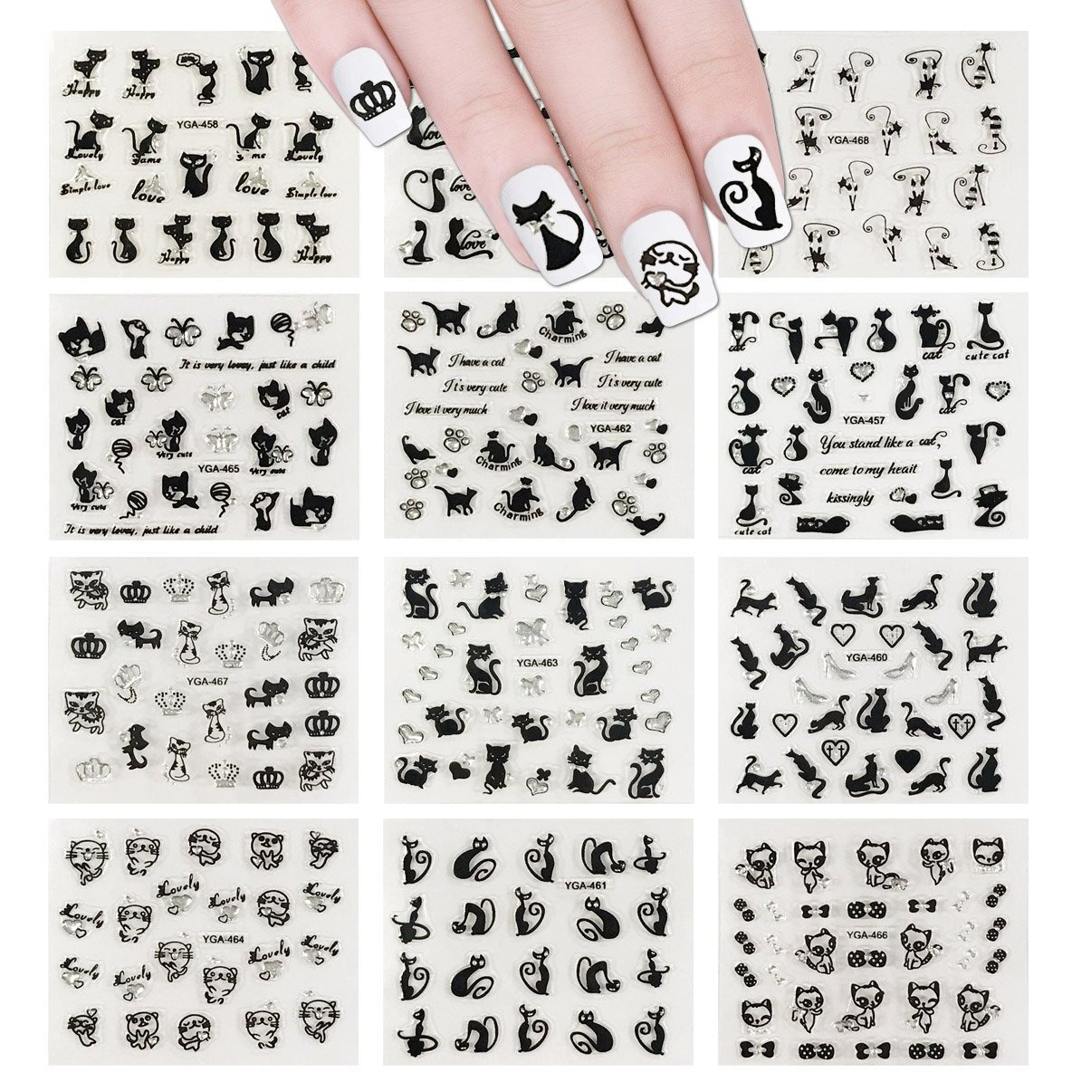 Allydrew 12 Sheets Black Cats Nail Stickers Set Nail Art Stickers