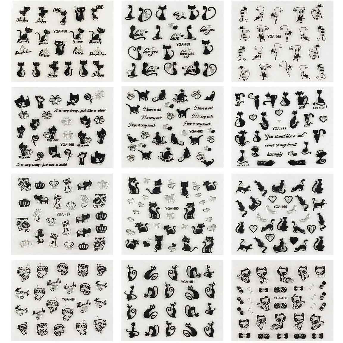 Allydrew 12 Sheets Black Cats Nail Stickers Set Nail Art Stickers