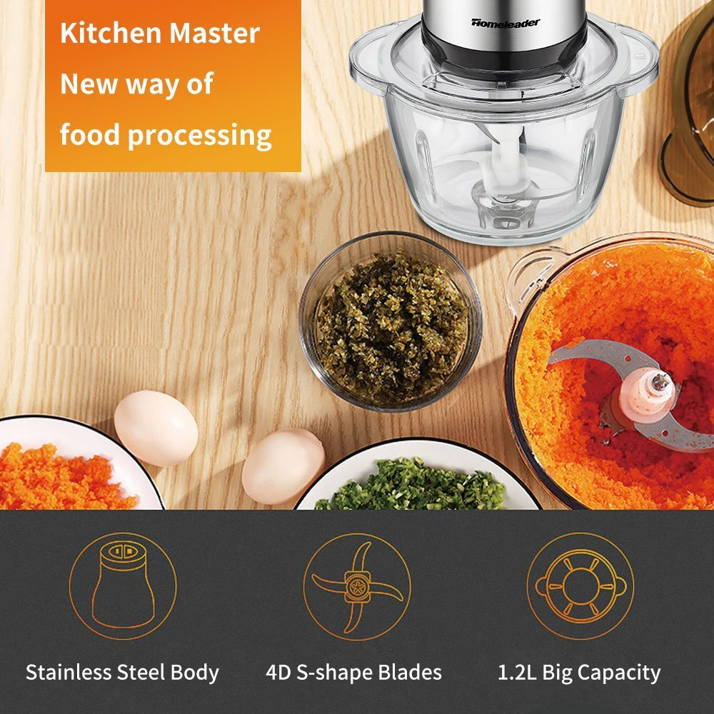 Electric Food Chopper  5-Cup Food Processor By Homeleader  1.2L Glass Bowl Grinder For Meat  Vegetables  Fruits And Nuts  Stainless Steel Motor Unit And 4 Sharp Blades  300W