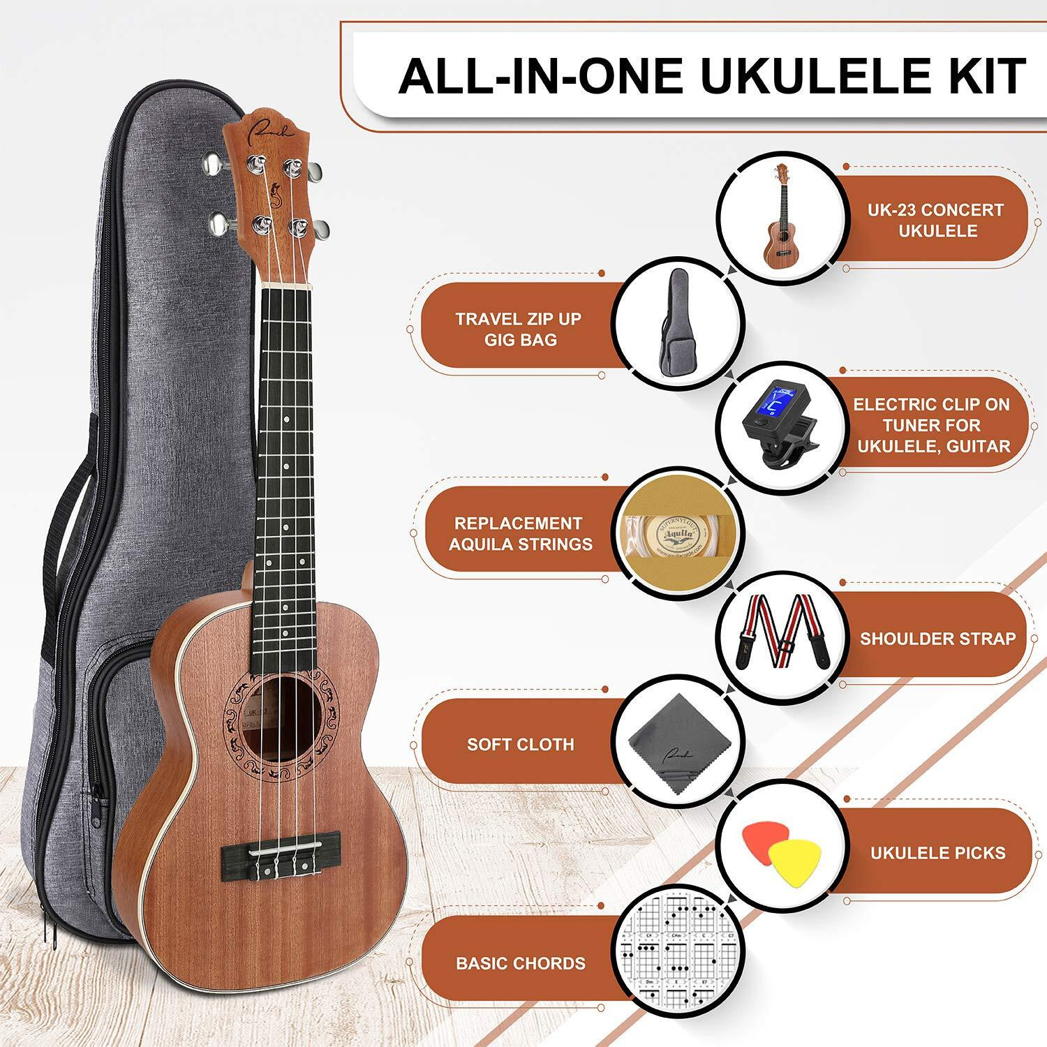 Ranch Concert Ukulele 23 Inch Professional Wooden Ukelele Kit With 12 Online Lessons  Gig Bag  Tuner  Strap  Aquila Strings Set