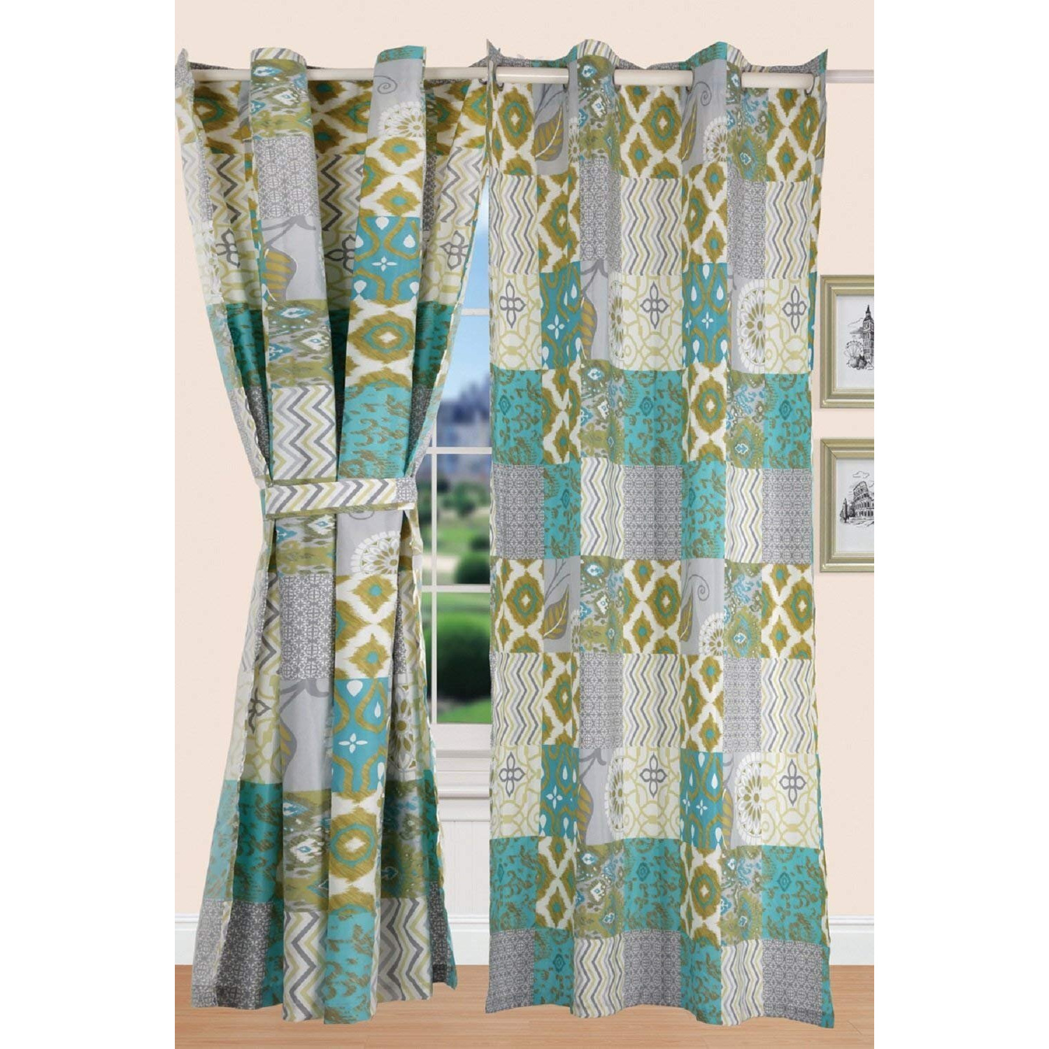 All American Collection New Printed Modern Geometric Window Treatment Curtain (Panel  Blue/Green & Yellow)