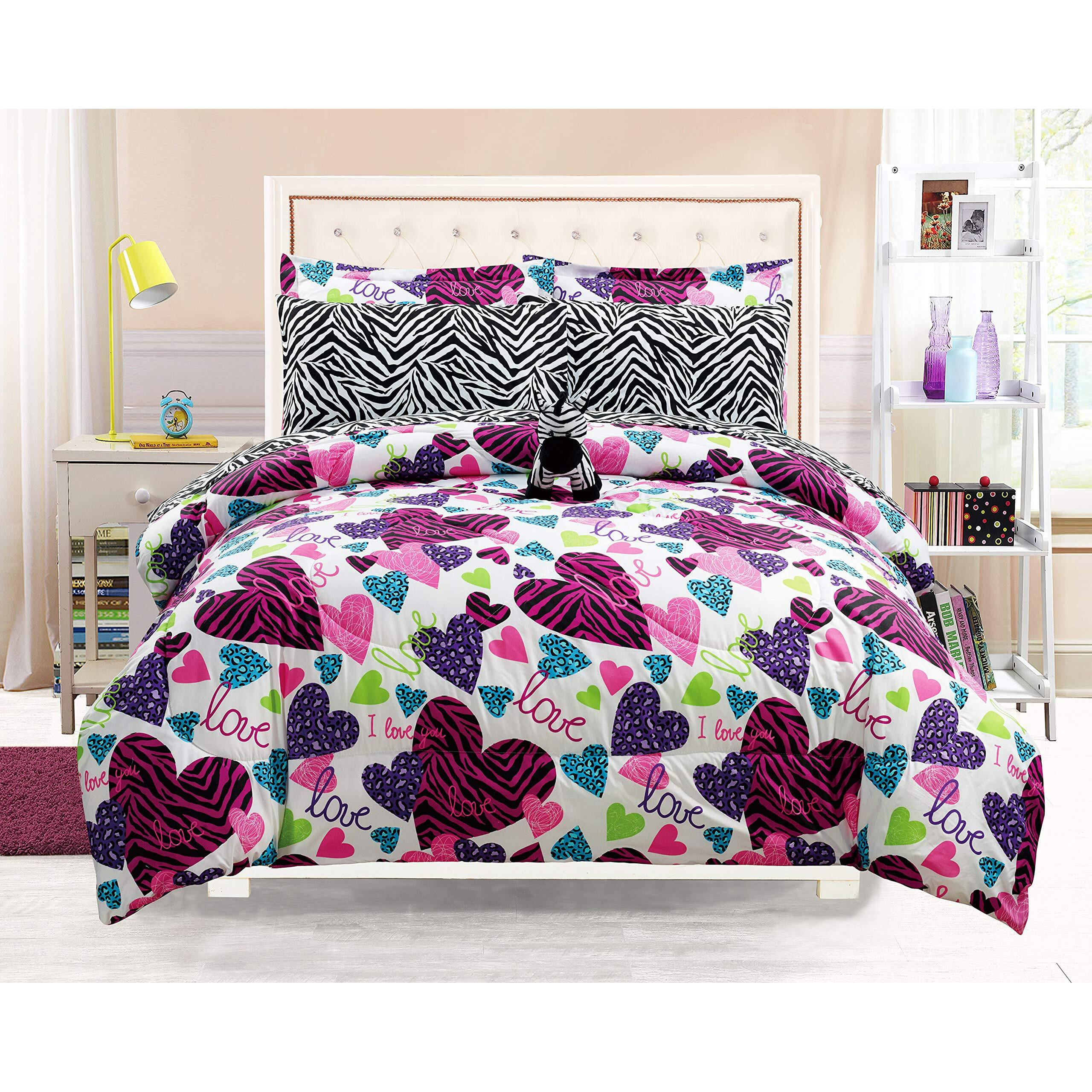 Grand Linen - Girls Kids Bedding-Misty Zebra Tween Teen Dream Bed In A Bag. Twin Size Comforter Set  Sheet Set And Plush Zebra Included-Love  Hearts-Hot Pink  Turquoise Blue  Purple  Black And White