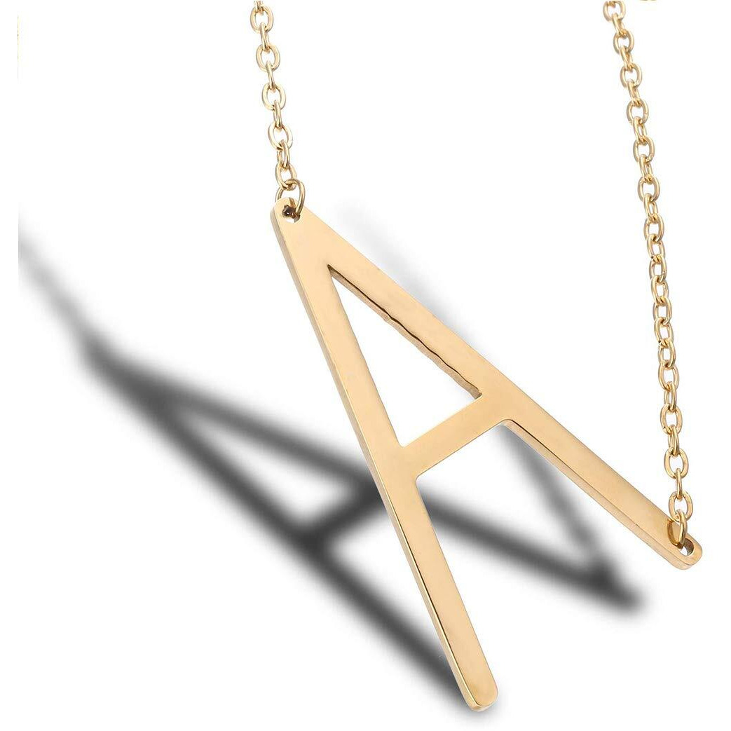 Sideways Initial Necklace 18K Gold Plated Stainless Steel Large Letter A Necklace Big Initial Pendant Monogram Name Necklace For Women