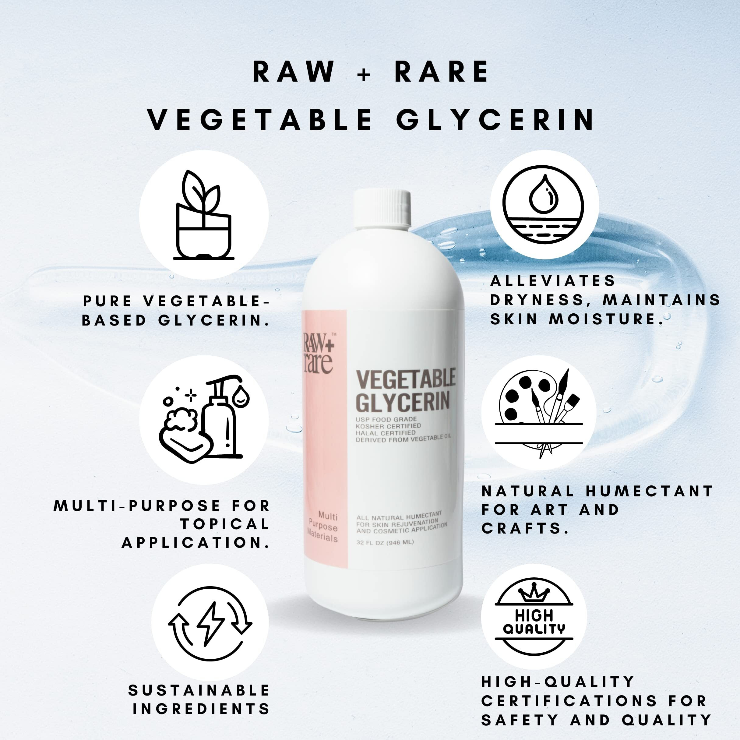 Raw Plus Rare Vegetable Glycerin/Glycerine Quart (32 Fl. Oz.)  Natural Pure Usp Food Grade/Cosmetic Grade  For Skin  Hair  Crafts  Soap Base Oil - Kosher  Halal And Pharmaceutical