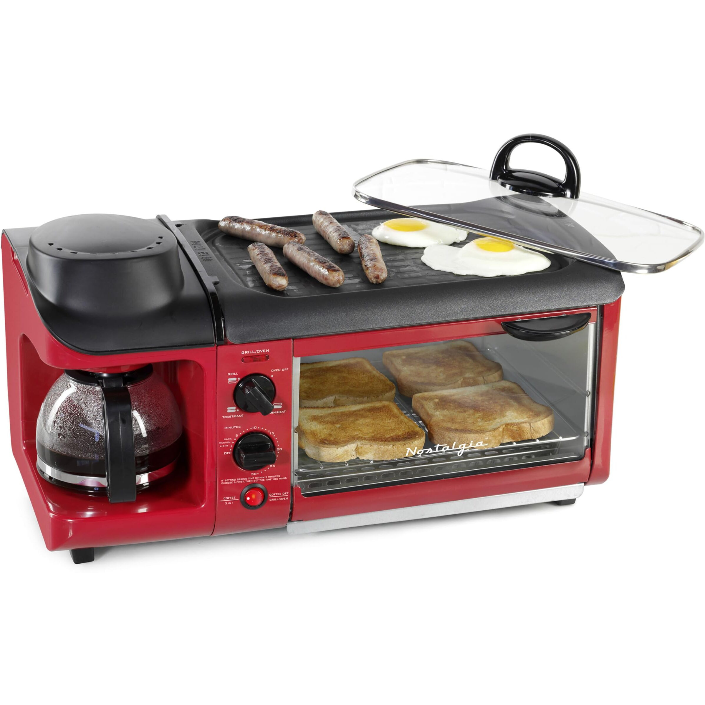 Nostalgia 3-In-1 Breakfast Station - Includes Coffee Maker  Non-Stick Griddle  And 4-Slice Toaster Oven - Versatile Breakfast Maker With Timer - Red