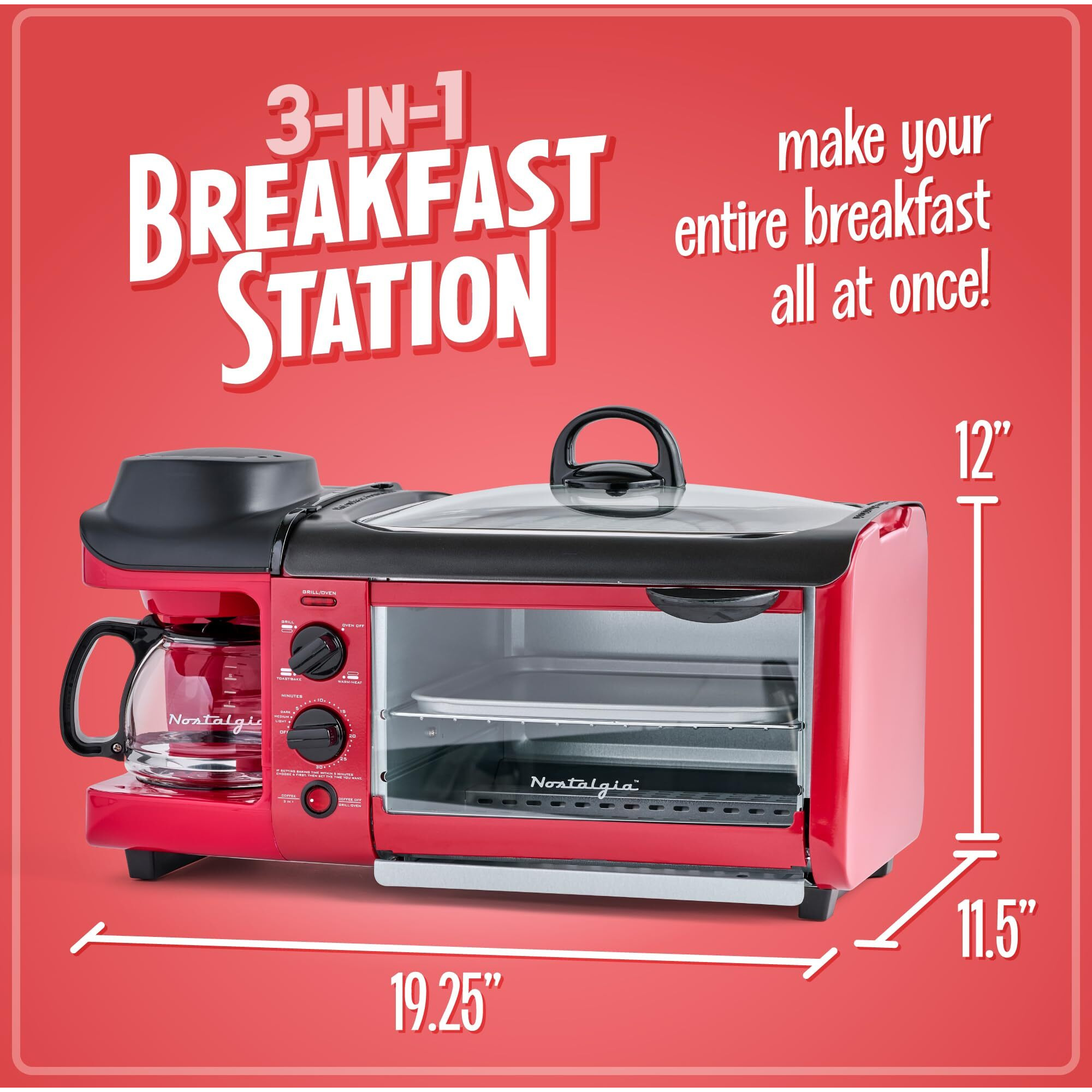 Nostalgia 3-In-1 Breakfast Station - Includes Coffee Maker  Non-Stick Griddle  And 4-Slice Toaster Oven - Versatile Breakfast Maker With Timer - Red