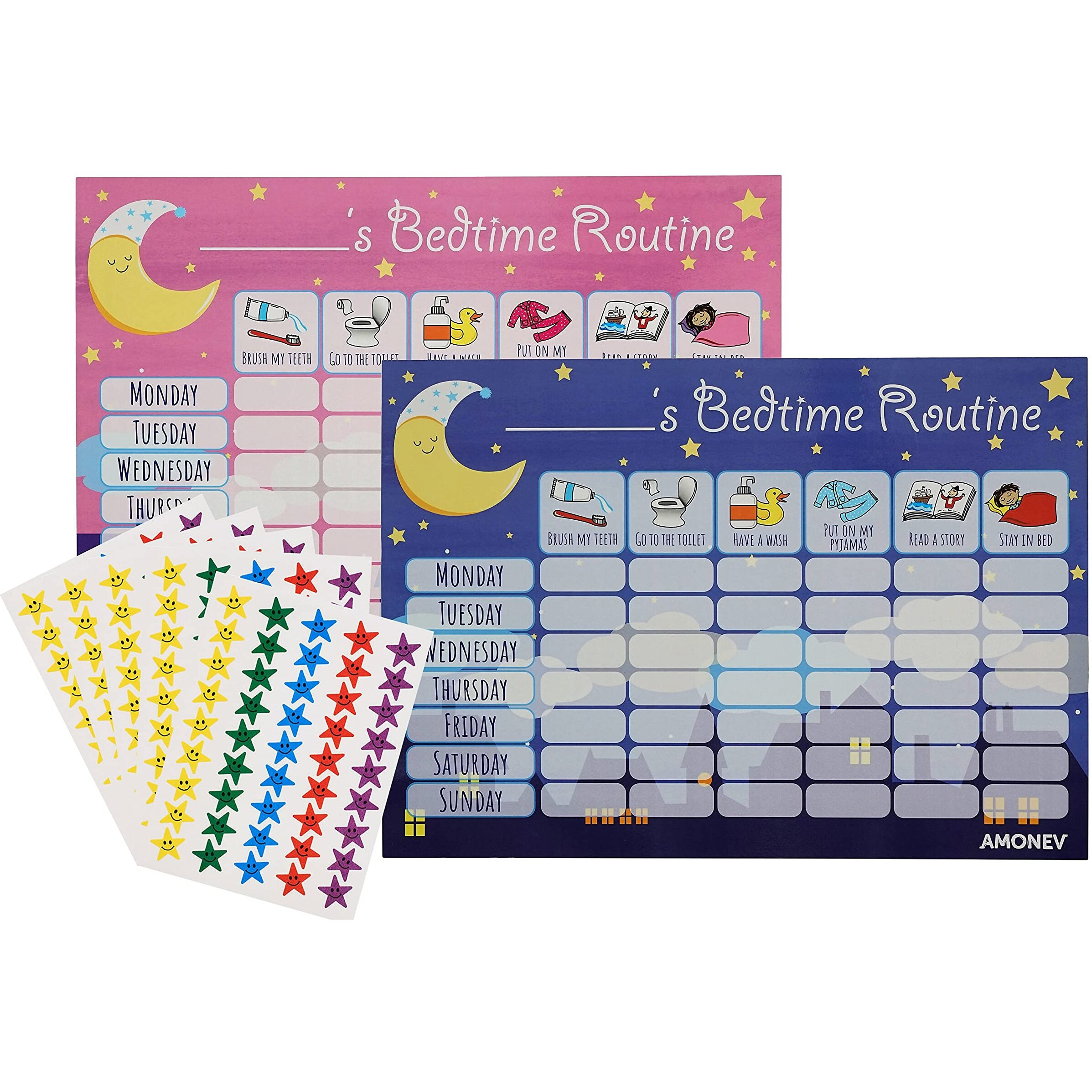 Amonev Bedtime Routine Chart Reward Chart For Sleep Training Twin Pack Chart For Boys Girls Toddlers And Young Children With 225 Star Stickers Included