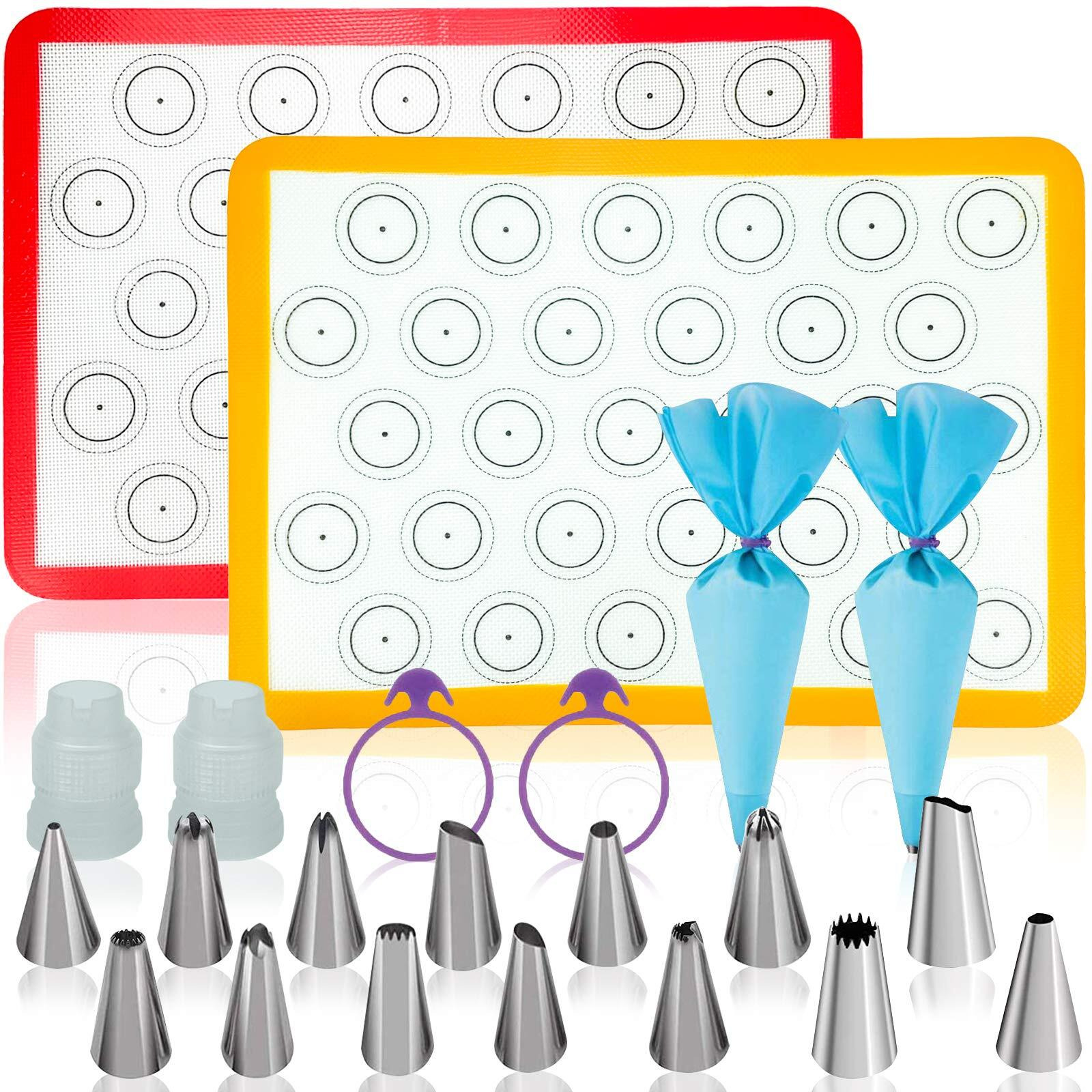 Tailpa Macaron Baking Kit Silicone Mat(22 Pcs Set)  Macaron Baking Supplies  Baking Set Of 2 Half Sheet Macaron Silicone Mats (16.5"&quotX11.5"")  14 Piping Tip  2 Piping Bag 2 Bag Tie  2 Coupler