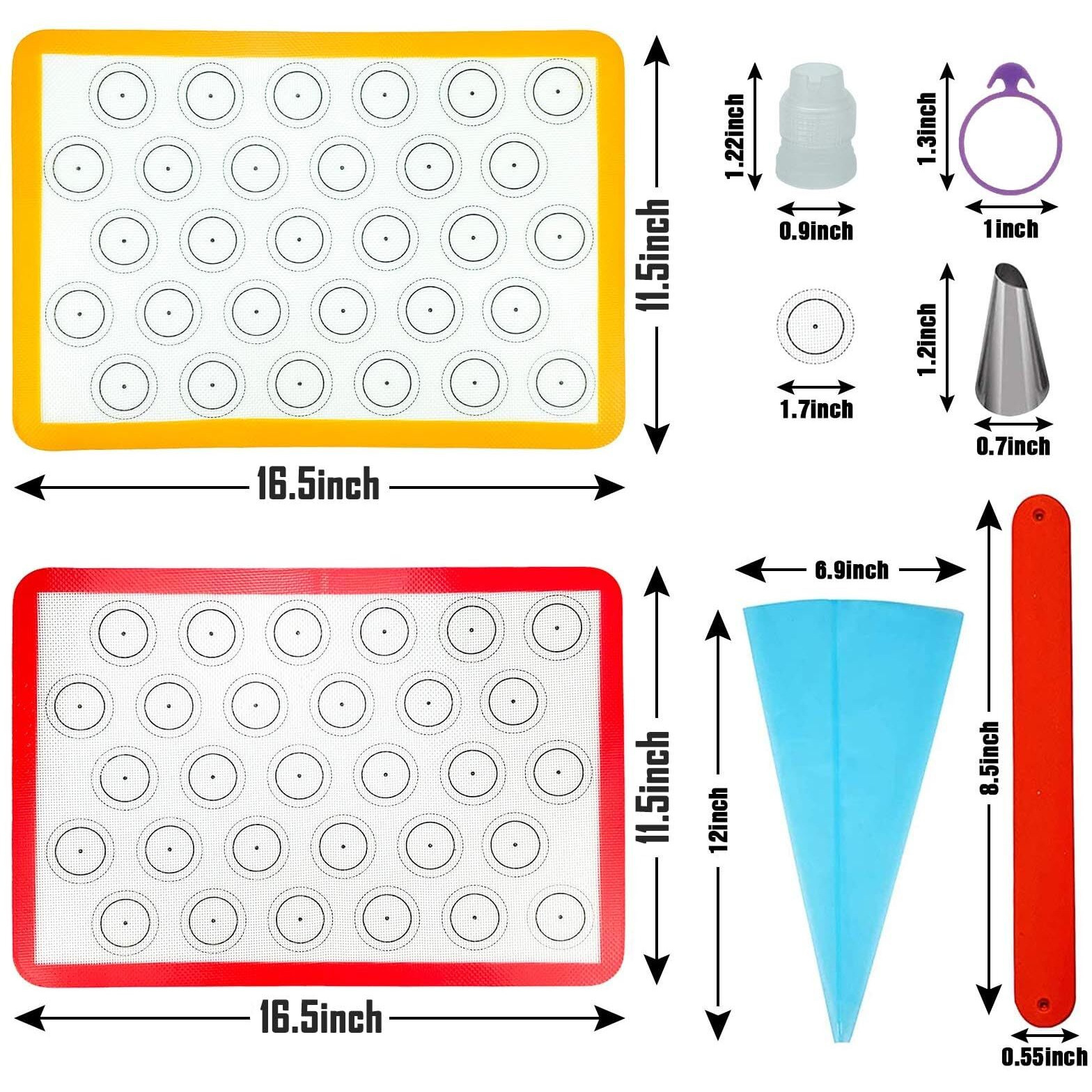 Tailpa Macaron Baking Kit Silicone Mat(22 Pcs Set)  Macaron Baking Supplies  Baking Set Of 2 Half Sheet Macaron Silicone Mats (16.5"&quotX11.5"")  14 Piping Tip  2 Piping Bag 2 Bag Tie  2 Coupler