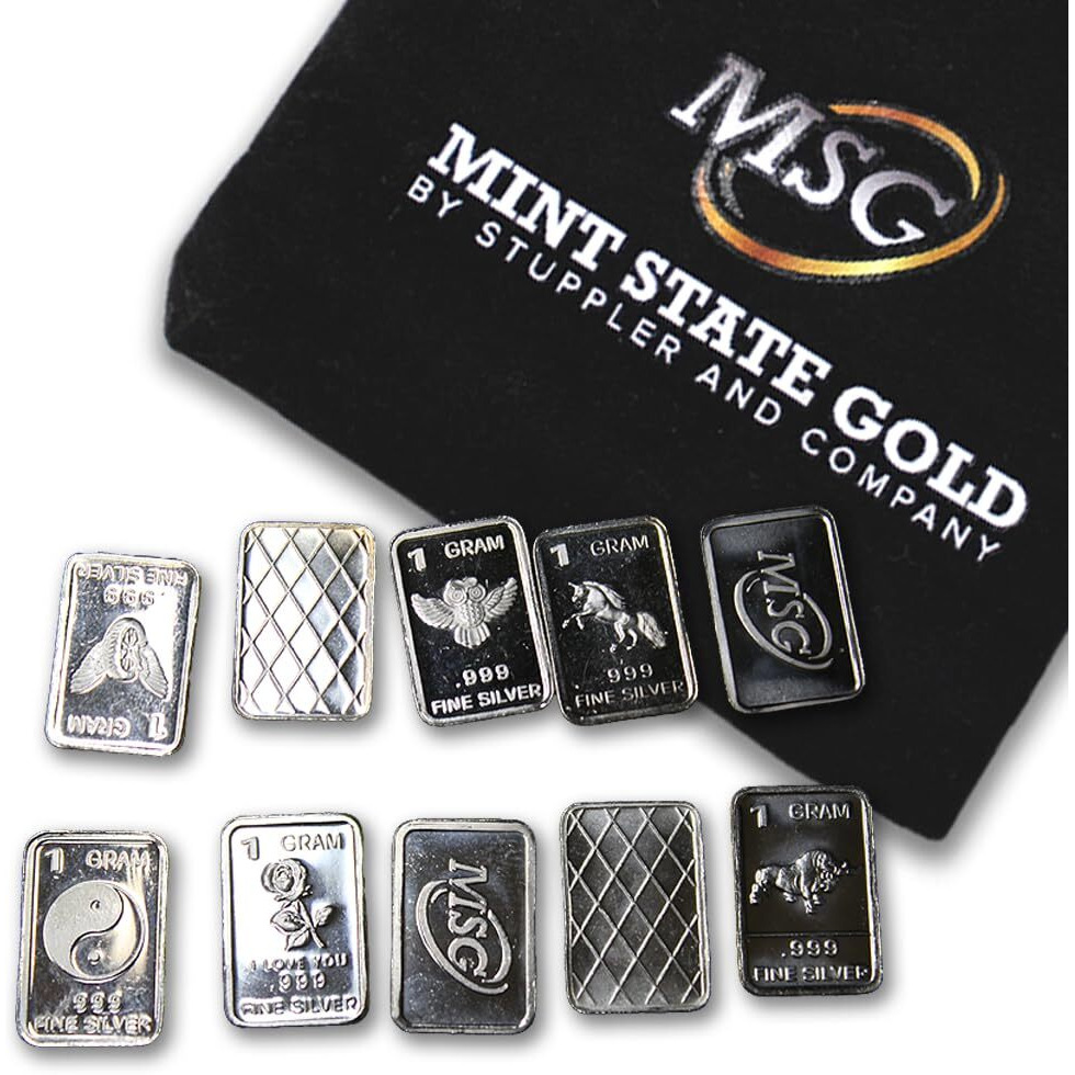Ten One Gram .999 Pure Silver Bars With Random Designs In A Jewelry Pouch (Original Version)