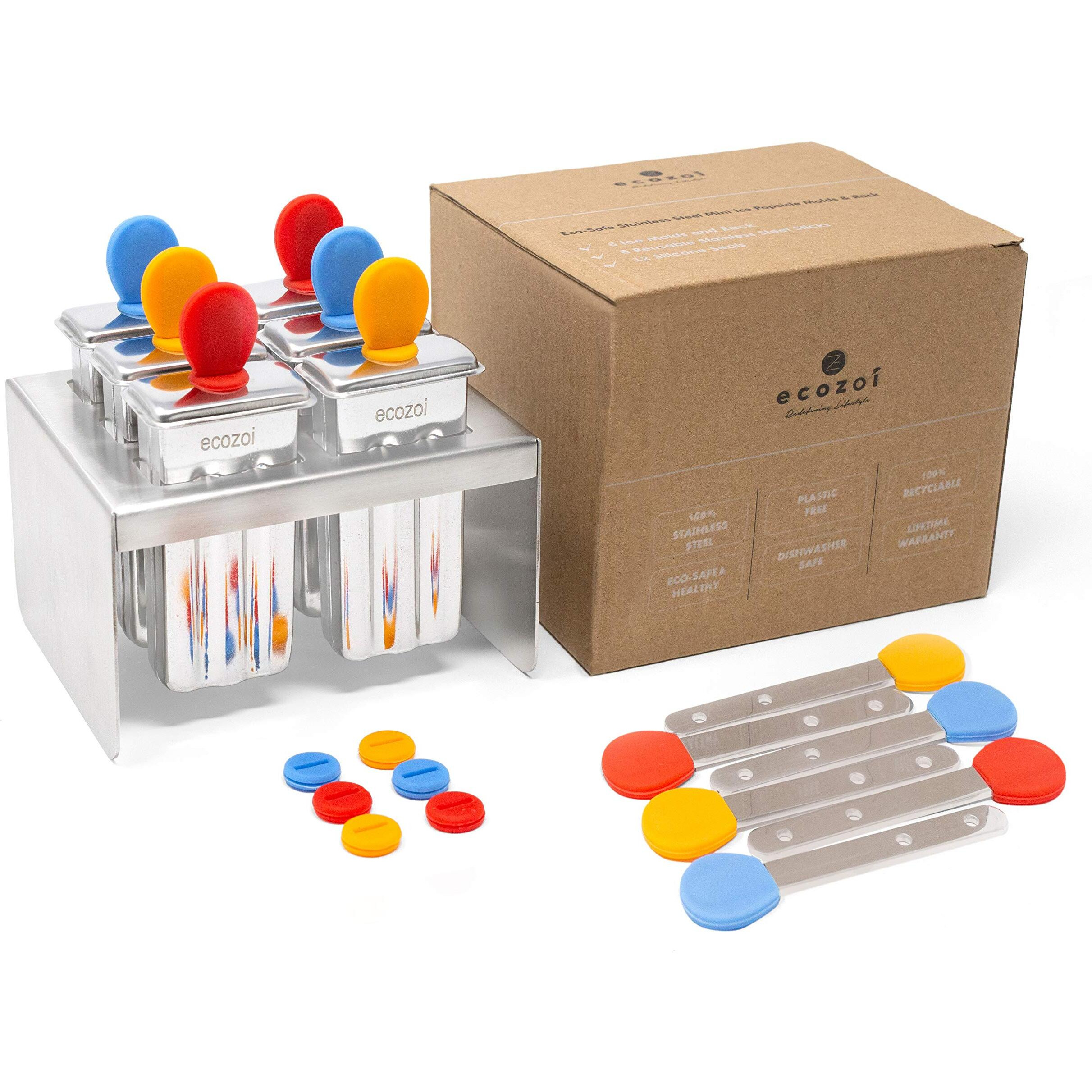 Ecozoi Stainless Steel Popsicle Molds  6 Mini Popsicle Makers  6 Reusable Stainless Steel Sticks  12 Silicone Seals And 1 Rack  Eco Popsicle Molds For Kids And Adults  2 Oz Per Mold (Square)