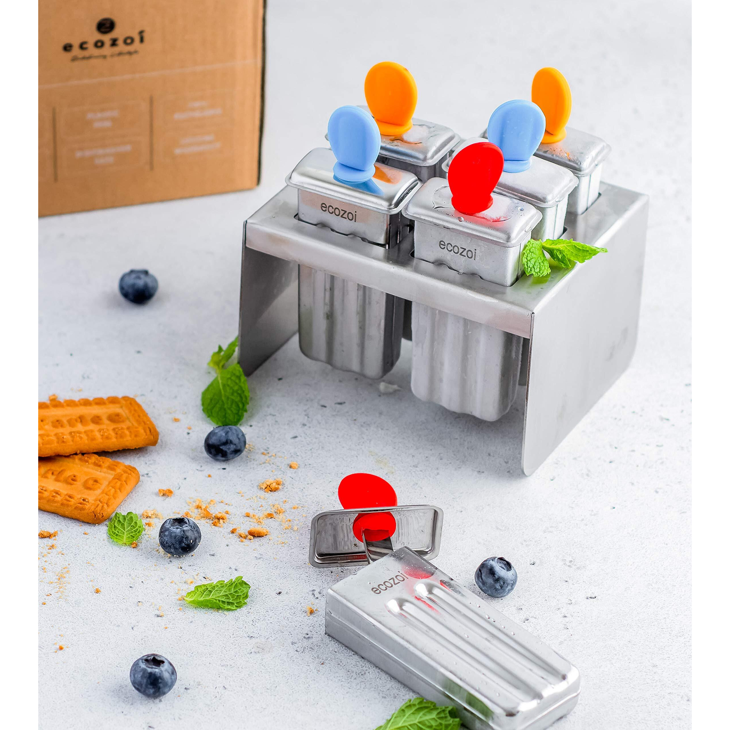 Ecozoi Stainless Steel Popsicle Molds  6 Mini Popsicle Makers  6 Reusable Stainless Steel Sticks  12 Silicone Seals And 1 Rack  Eco Popsicle Molds For Kids And Adults  2 Oz Per Mold (Square)