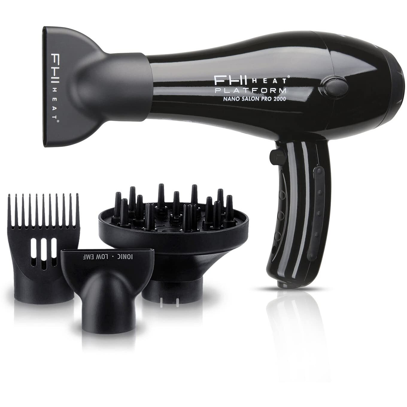 Fhi Heat Platform Nano Power Salon Pro 2000 Tourmaline Ceramic Quick Dry Hair Dryer With 3 Piece Attachment Set (Comb  Concentrator  And Diffuser)  Black