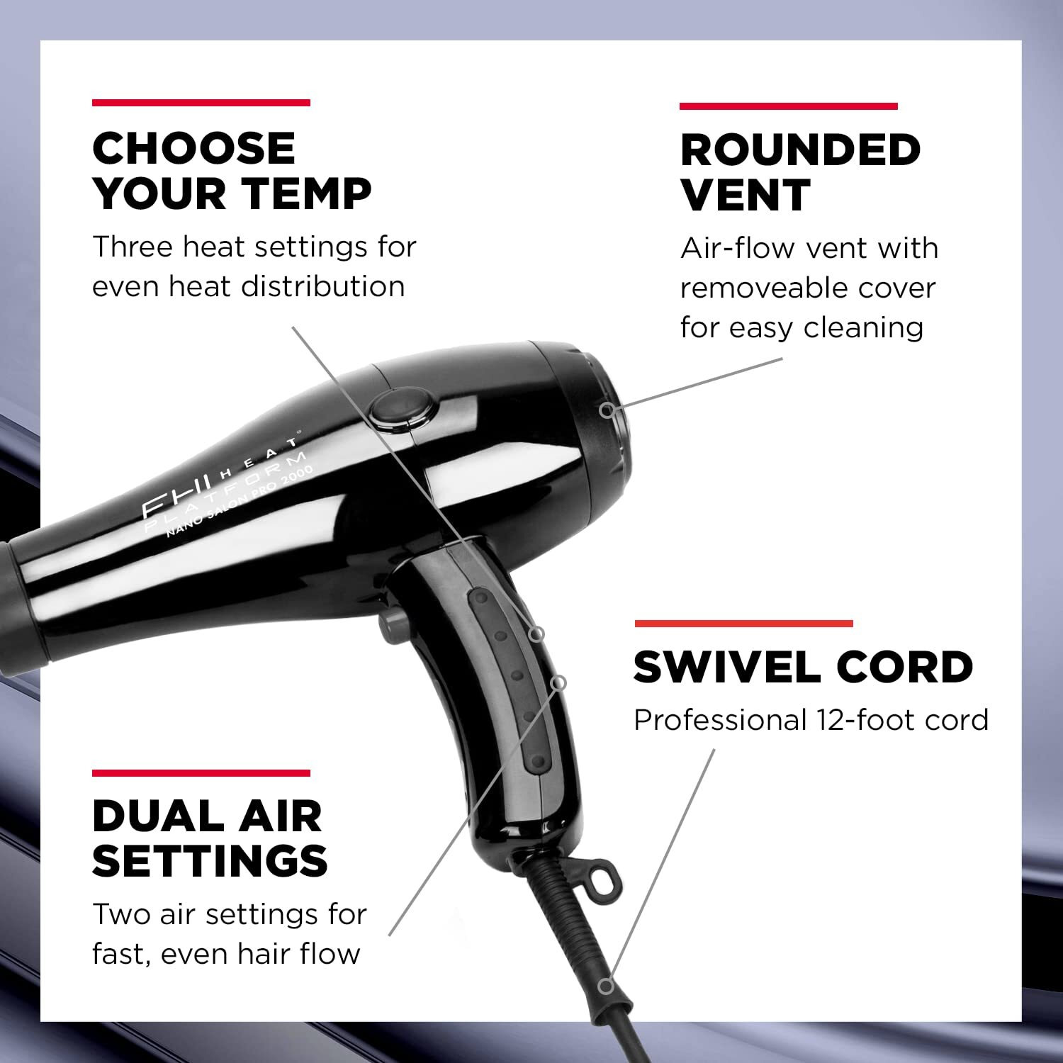 Fhi Heat Platform Nano Power Salon Pro 2000 Tourmaline Ceramic Quick Dry Hair Dryer With 3 Piece Attachment Set (Comb  Concentrator  And Diffuser)  Black