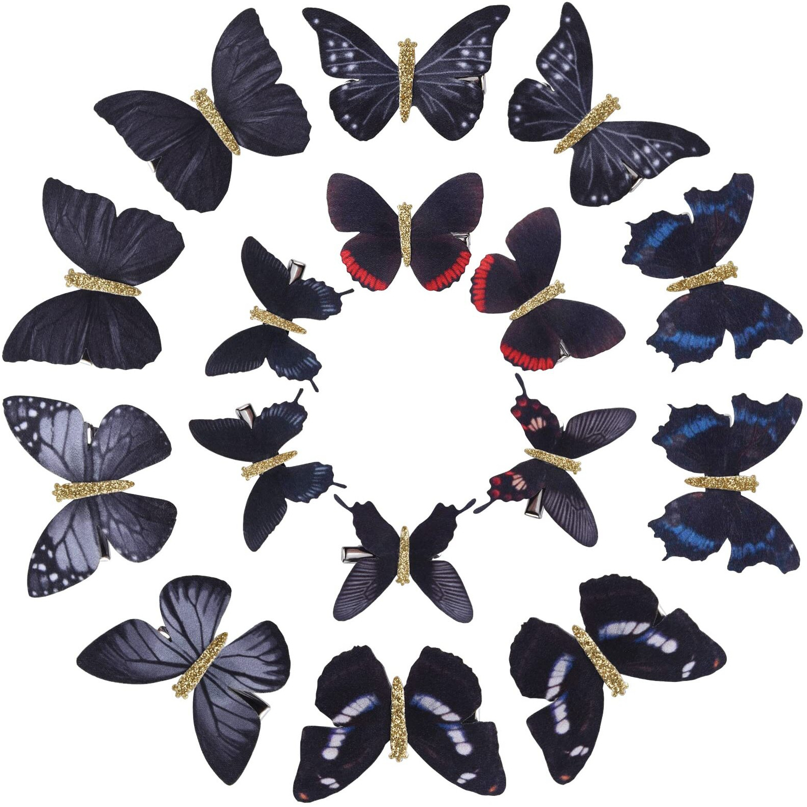 Deeka 16 Pcs Butterfly Hair Clips Small Realistic Colorful Handmade 90S Hair Clips Barrette Hair Accessories For Women And Girls -Black