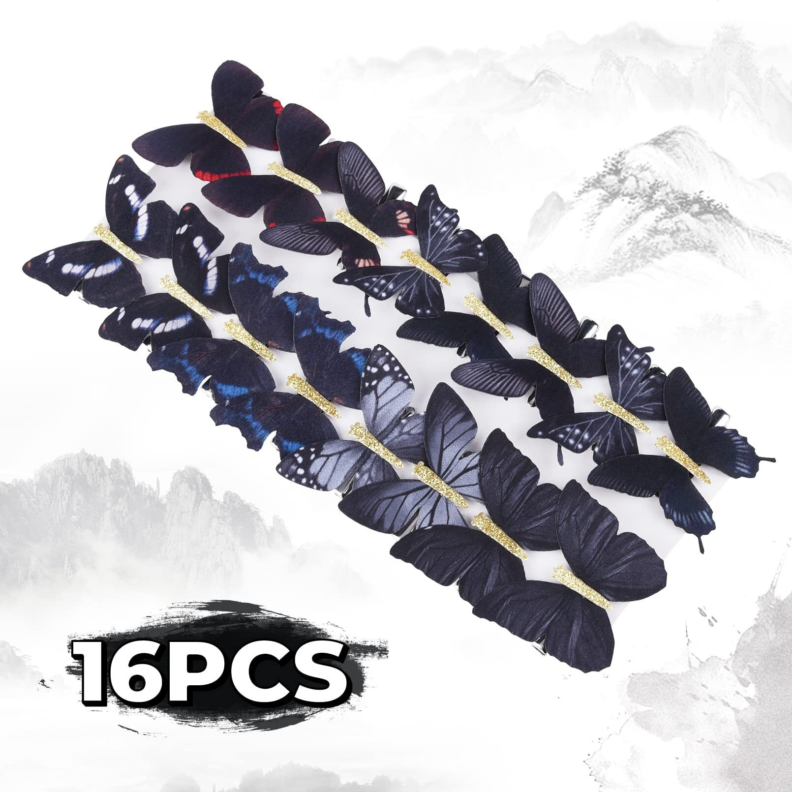 Deeka 16 Pcs Butterfly Hair Clips Small Realistic Colorful Handmade 90S Hair Clips Barrette Hair Accessories For Women And Girls -Black