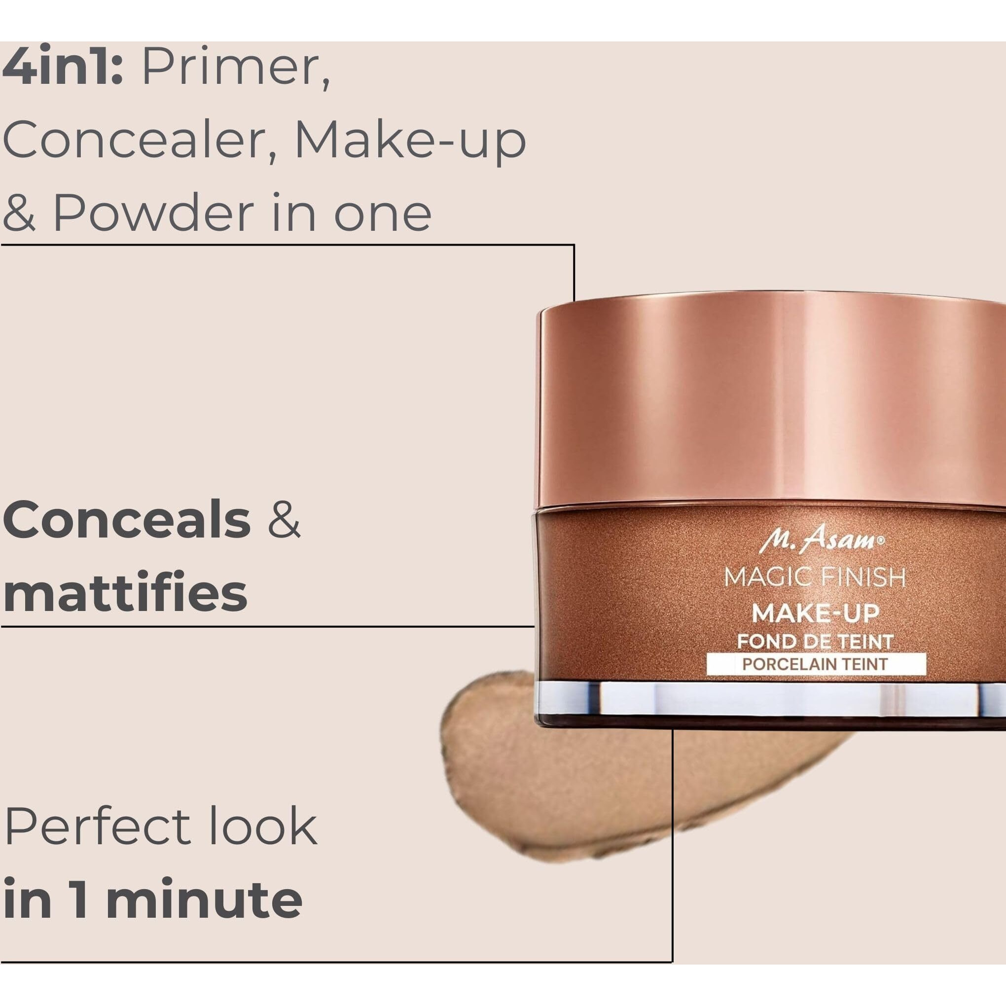 M. Asam Magic Finish Porcelain Teint Make-Up Mousse (1.01 Fl Oz) - 4In1 Primer  Foundation  Concealer & Powder With Buildable Coverage  Adapts To Fair Skin Tones  Leaves Skin Looking Flawless