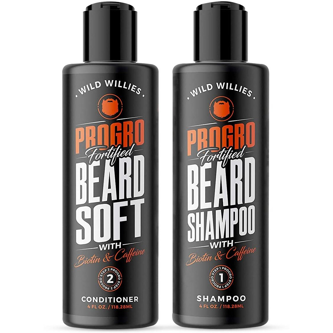 Wild Willies Moisturizing Beard Shampoo & Conditioner Kit  Progro - Fortified With Biotin & Caffeine For Facial Hair Growth  Hydration  & Softener  4Oz