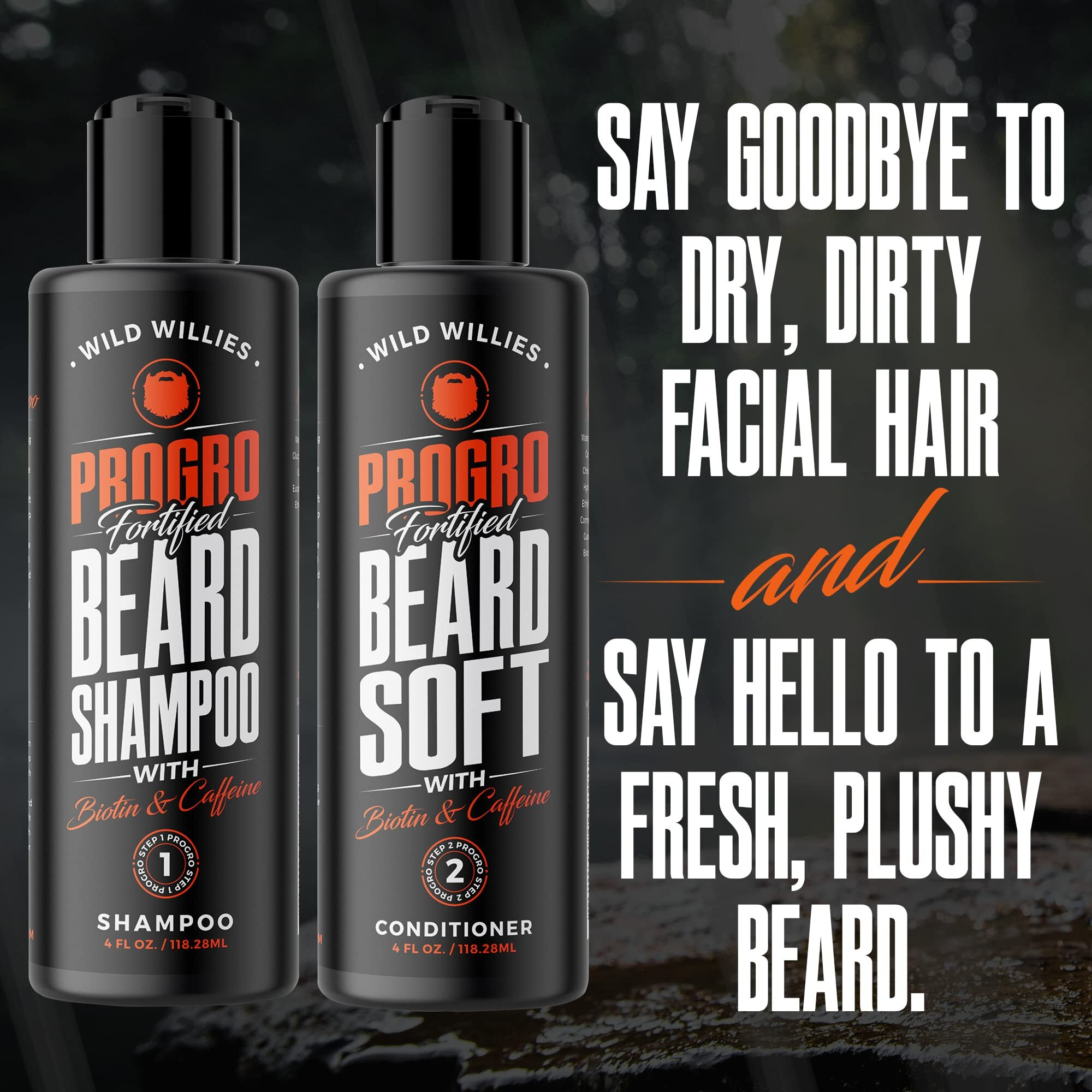 Wild Willies Moisturizing Beard Shampoo & Conditioner Kit  Progro - Fortified With Biotin & Caffeine For Facial Hair Growth  Hydration  & Softener  4Oz