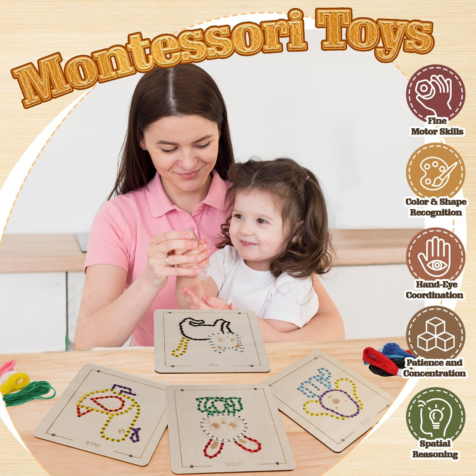 Montessori Wooden Lacing Toys For 1 2 3 4 Year Olds Toddlers  Early Education Sensory Toy For Ages 2-4 Girls Boys Kids  Fine Motor Skill Development Preschool Embroidery Toy  Sewing Art  Birthday Gift