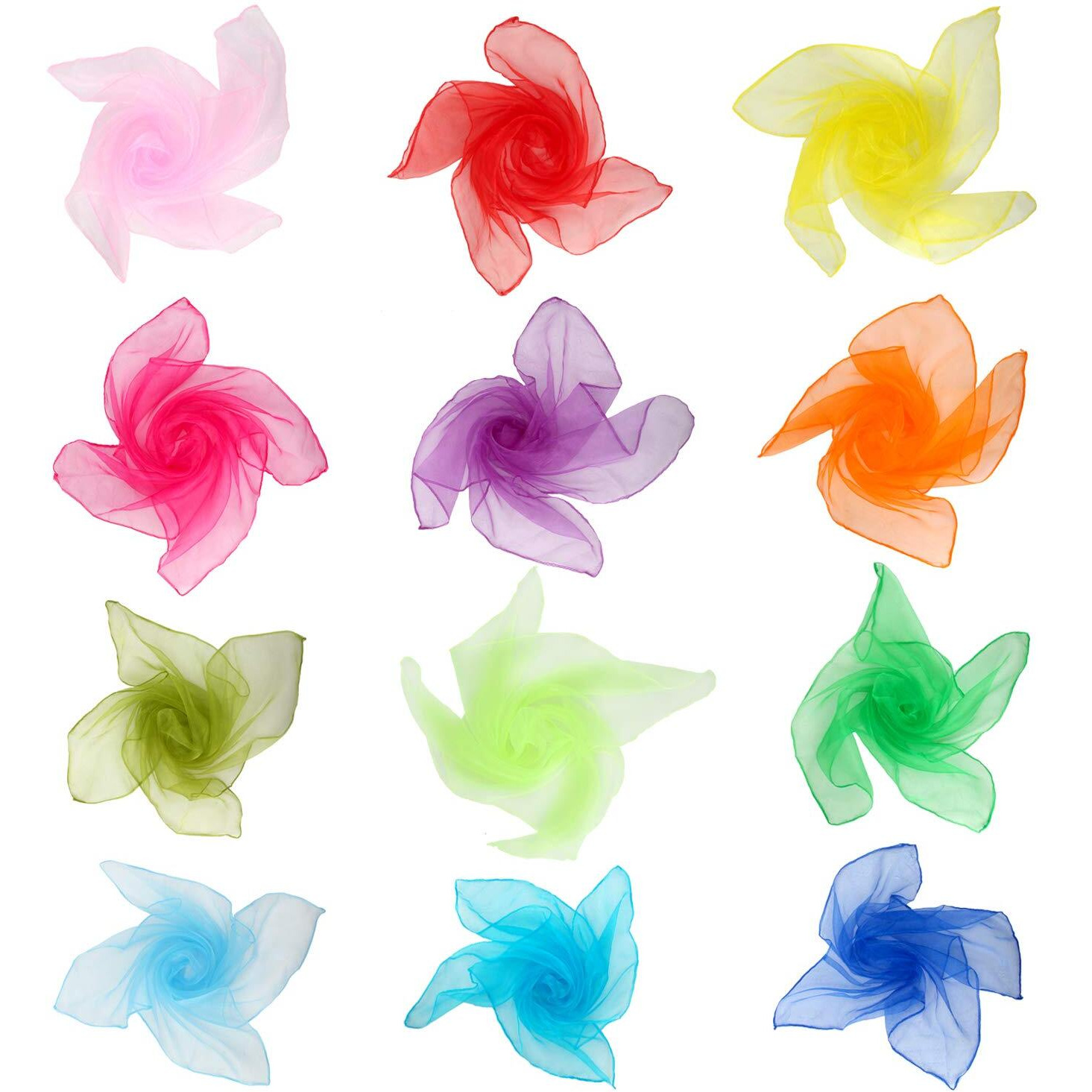 Colovis 36 Pcs Square Dance Scarves  Juggling Scarf Props Magic Trick Silk Scarves Music Movement Scarf 12 Colors 24 By 24 Inches