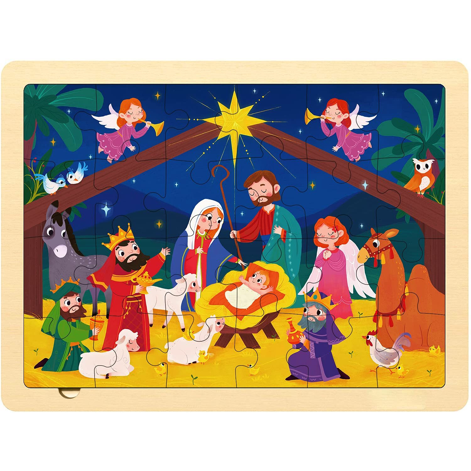 Nativity Scene Kids 24 Piece Puzzle For 3 Year Old  Unique Shape Jigsaw Pieces Christmas Wooden Jigsaw Puzzles For Toddlers Ages 3-5  Preschooler Puzzles With Wooden Puzzle Tray