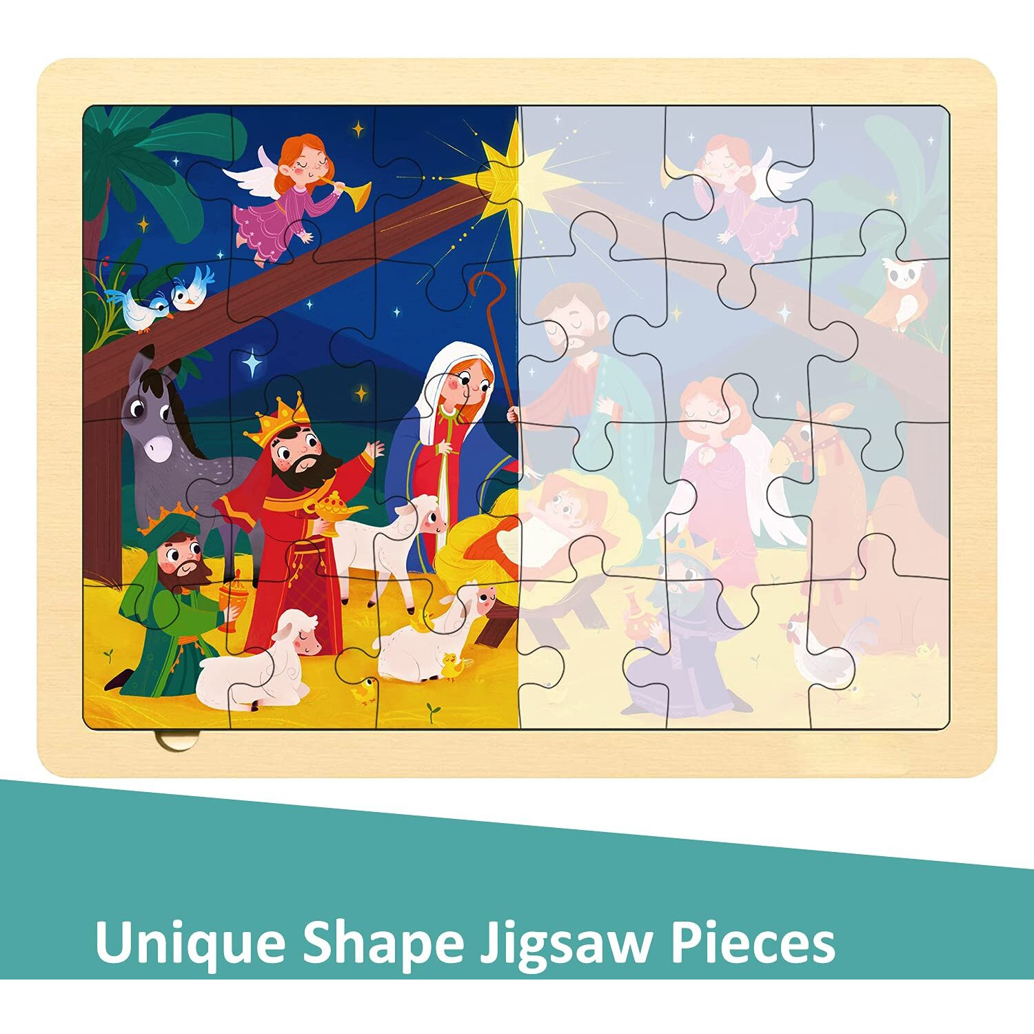 Nativity Scene Kids 24 Piece Puzzle For 3 Year Old  Unique Shape Jigsaw Pieces Christmas Wooden Jigsaw Puzzles For Toddlers Ages 3-5  Preschooler Puzzles With Wooden Puzzle Tray