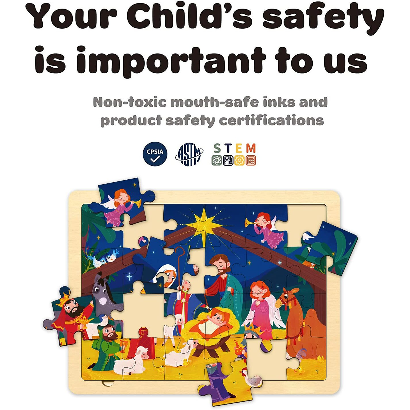 Nativity Scene Kids 24 Piece Puzzle For 3 Year Old  Unique Shape Jigsaw Pieces Christmas Wooden Jigsaw Puzzles For Toddlers Ages 3-5  Preschooler Puzzles With Wooden Puzzle Tray