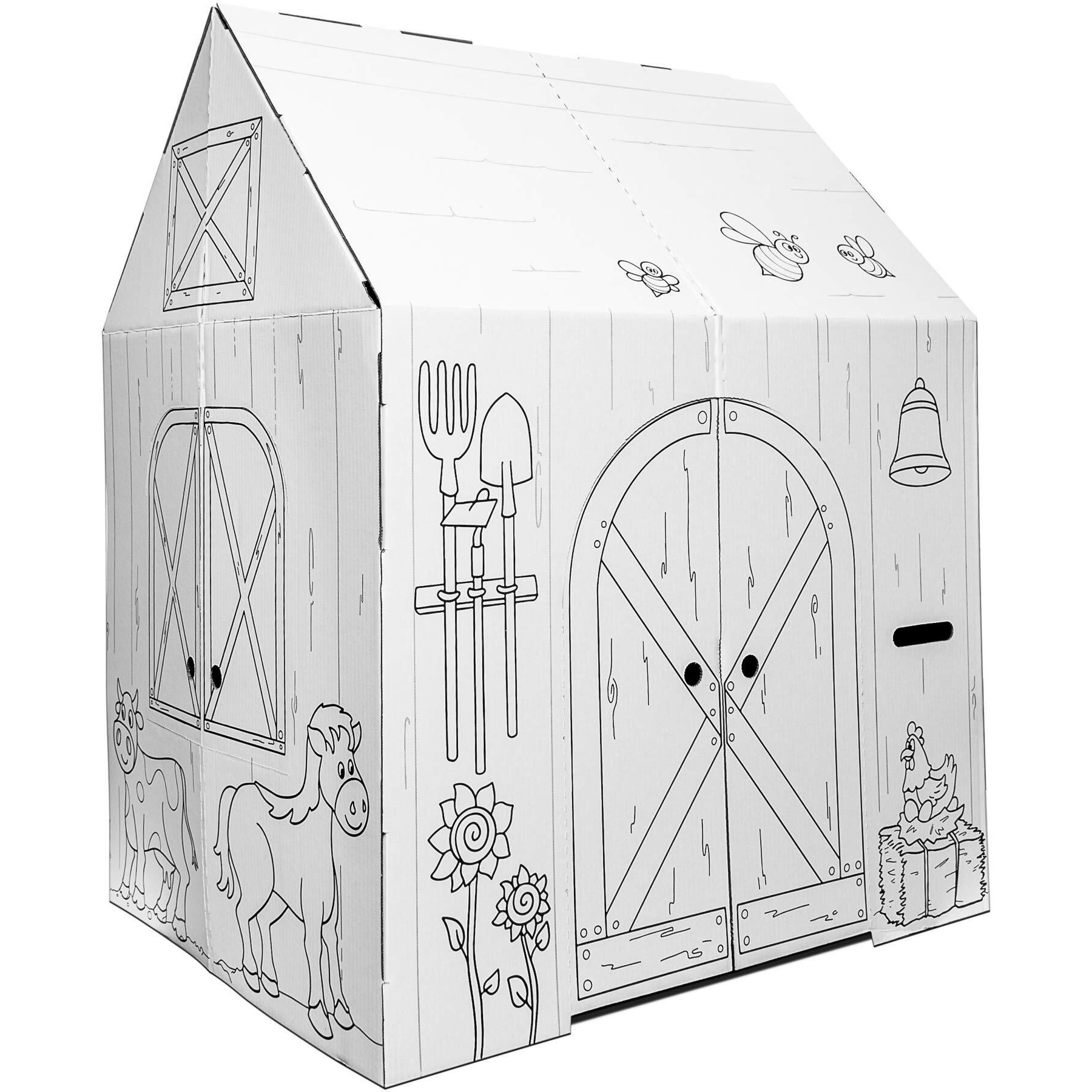 Easy Playhouse Barn - Kids Art & Craft For Indoor & Outdoor Fun  Color Favorite Farm Animals - Decorate & Personalize The Cardboard Fort  32"" X 26. 5"" X 40. 5"" - Made In Usa  Age 3+