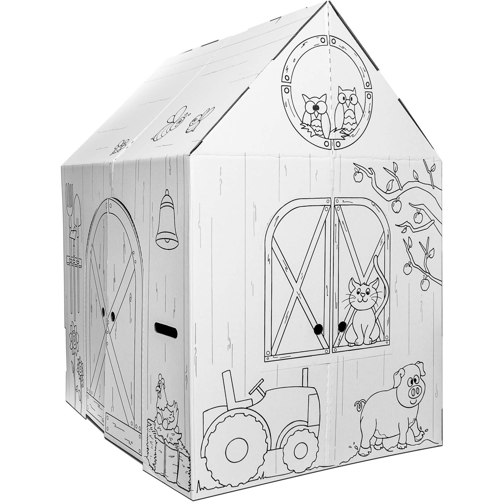 Easy Playhouse Barn - Kids Art & Craft For Indoor & Outdoor Fun  Color Favorite Farm Animals - Decorate & Personalize The Cardboard Fort  32"" X 26. 5"" X 40. 5"" - Made In Usa  Age 3+