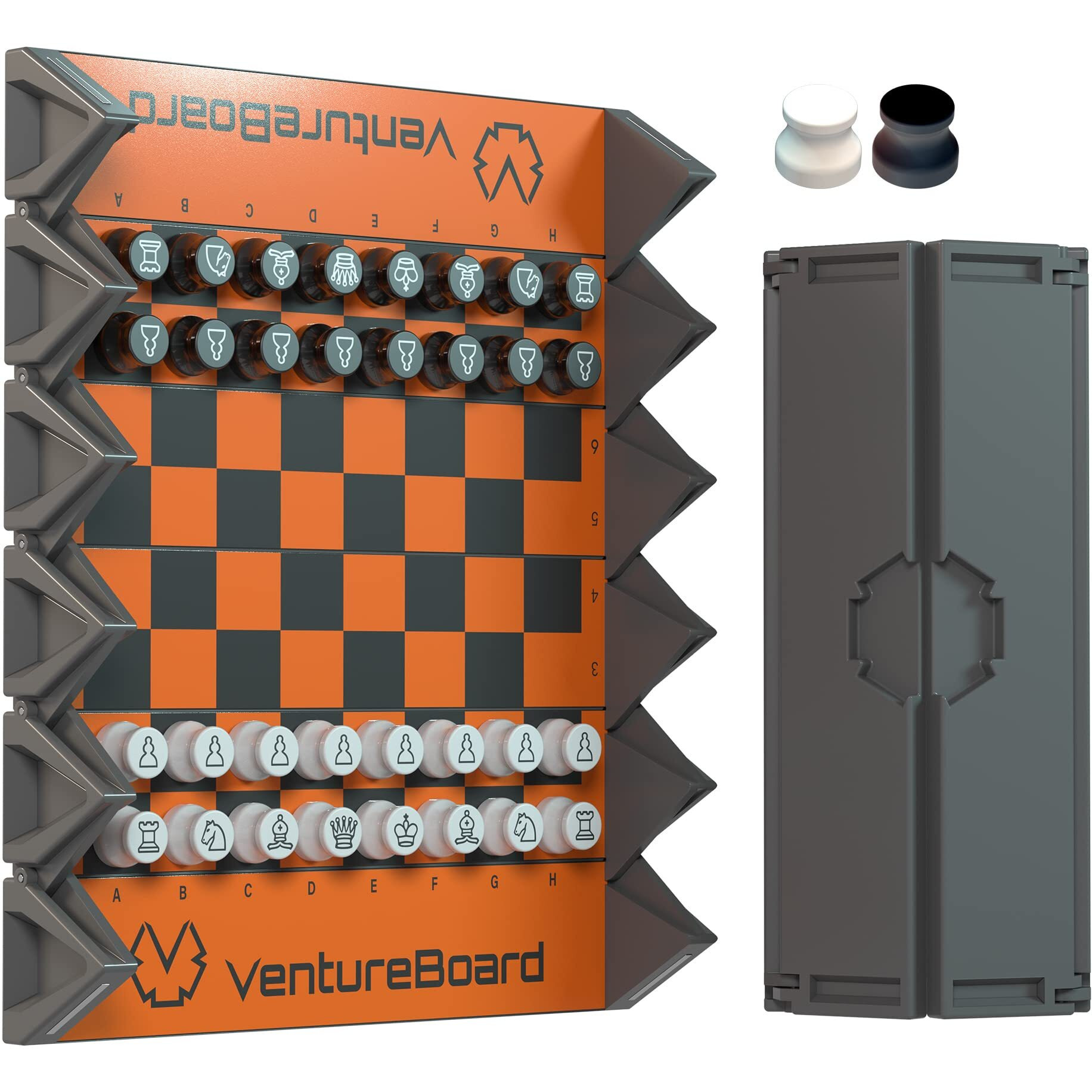 Ventureboard 6 Inches Magnetic Unique Chess Set Board Game - 2 Extra Queens - Folding Board  Portable Travel Chess Board Game Pieces - Orange/Grey