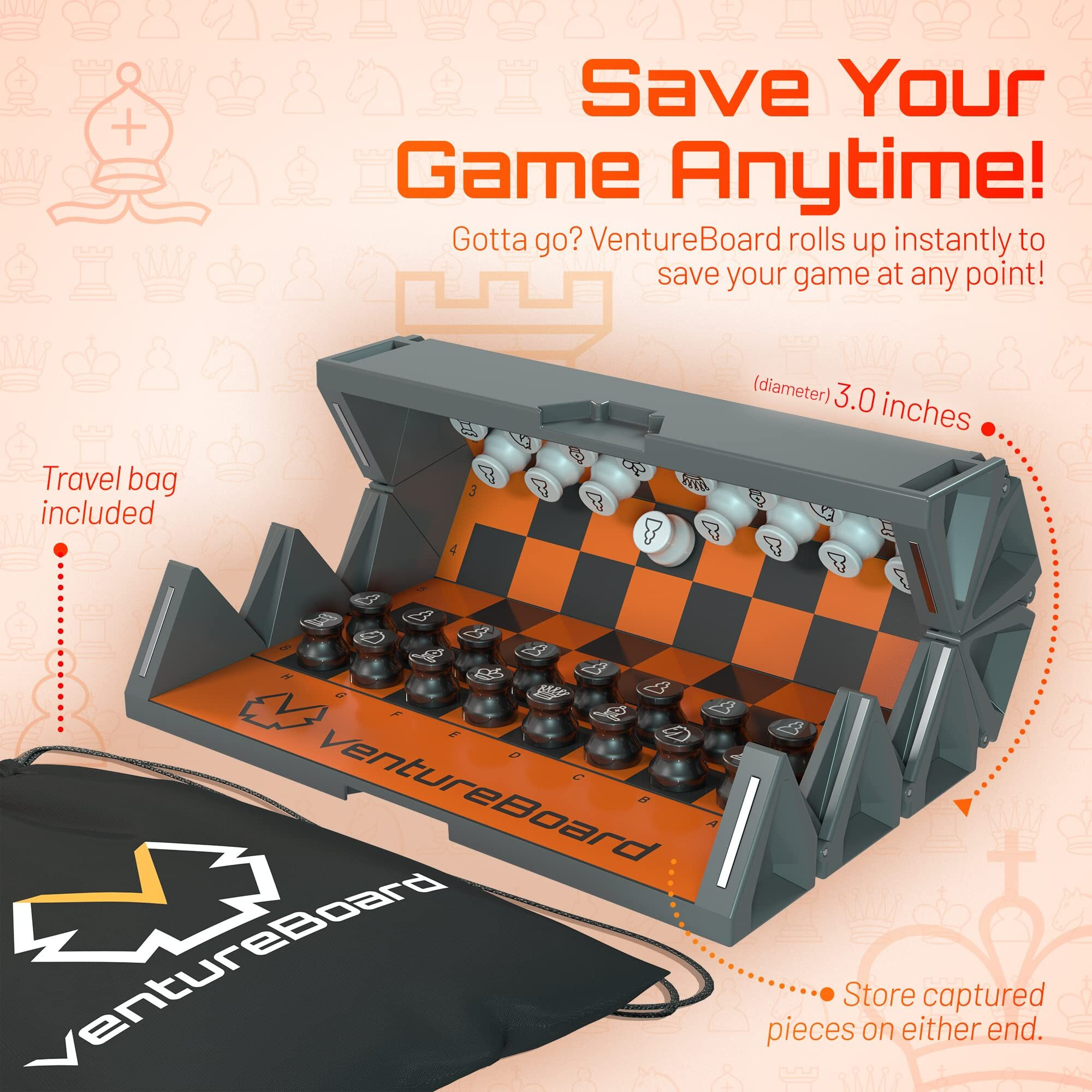 Ventureboard 6 Inches Magnetic Unique Chess Set Board Game - 2 Extra Queens - Folding Board  Portable Travel Chess Board Game Pieces - Orange/Grey