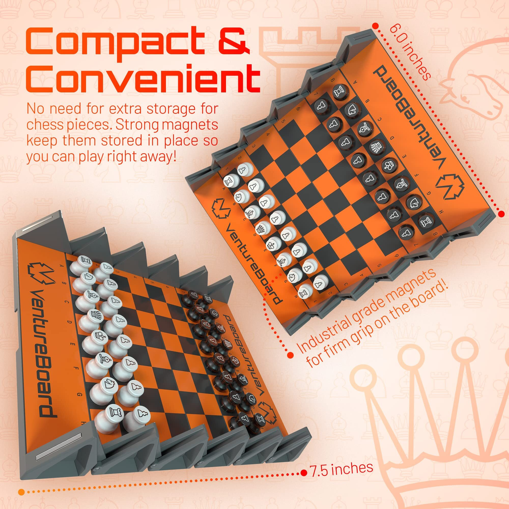 Ventureboard 6 Inches Magnetic Unique Chess Set Board Game - 2 Extra Queens - Folding Board  Portable Travel Chess Board Game Pieces - Orange/Grey