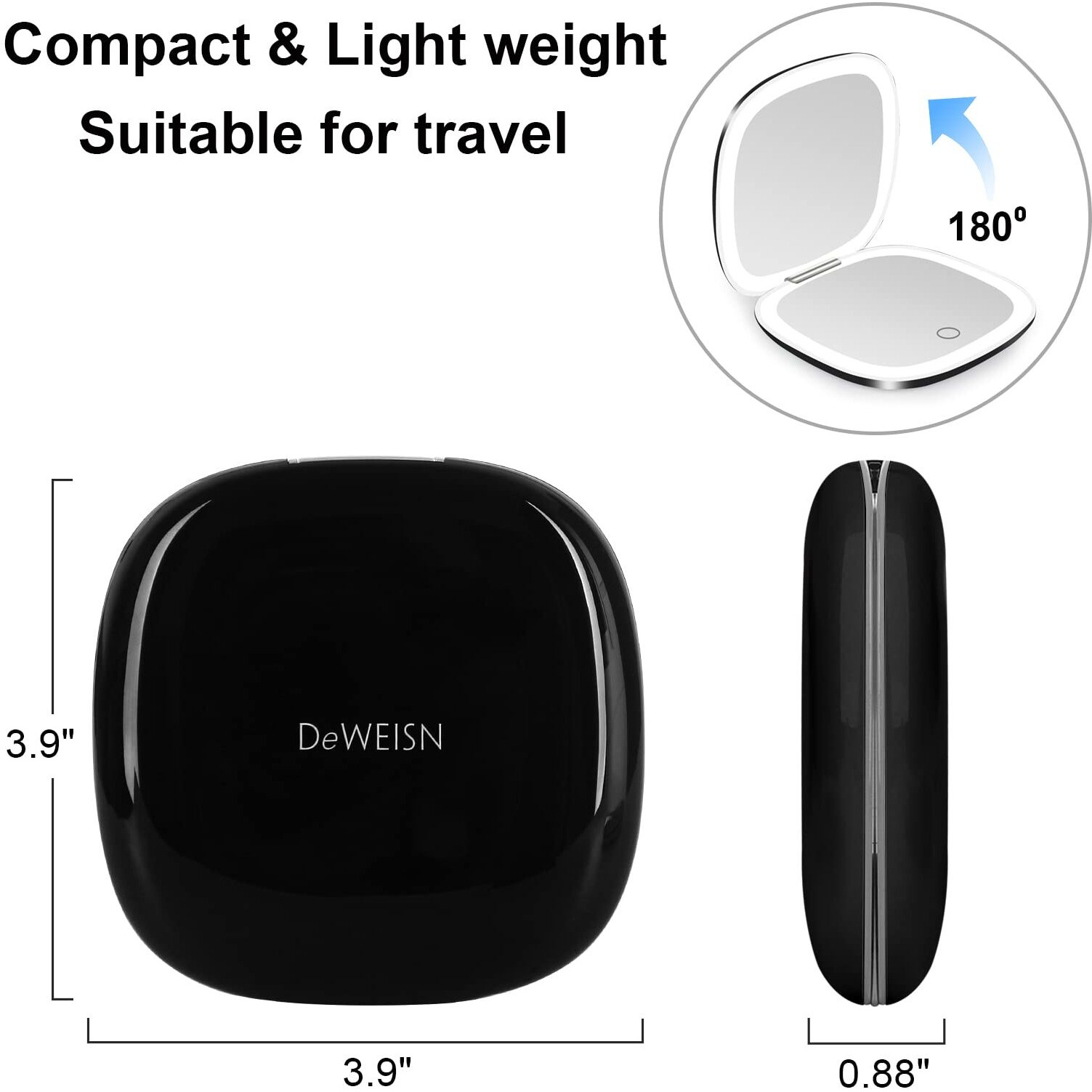 Deweisn Compact Mirror  Lighted Travel Makeup Mirror With 1X/10X Magnifying Double Sided Dimmable Portable Pocket Mirror For Handbag  Usb Charging(Black)