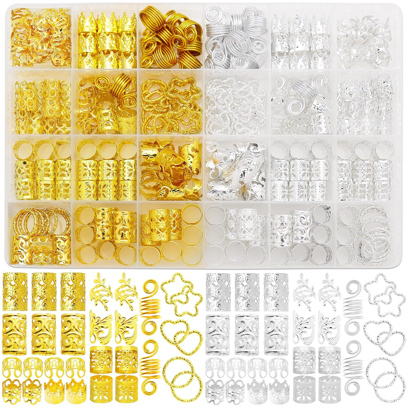 Fscwlmon 260 Pcs Hair Jewelry For Braids Hair Beads Accessories For Dreadlock Metal Hair Clips Cuffs Rings Loc Rave Hair Charm Decorations Adjustable Kits For Men Women Gold And Silver