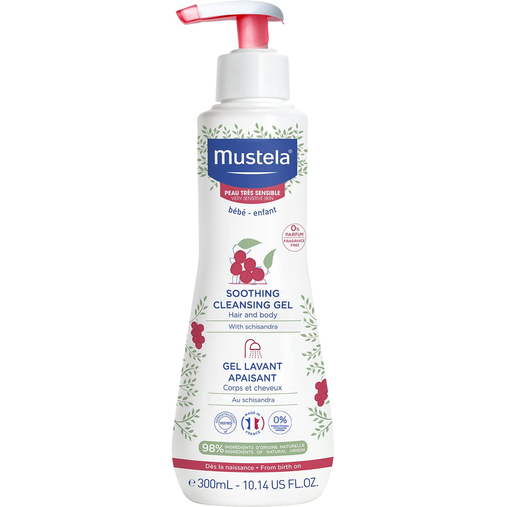 Mustela Baby Soothing Cleansing Gel - Fragrance-Free Hair & Body Wash For Very Sensitive Skin - With Natural Avocado Perseose & Schizandra Berry - 10.14 Fl. Oz.