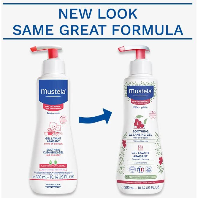Mustela Baby Soothing Cleansing Gel - Fragrance-Free Hair & Body Wash For Very Sensitive Skin - With Natural Avocado Perseose & Schizandra Berry - 10.14 Fl. Oz.