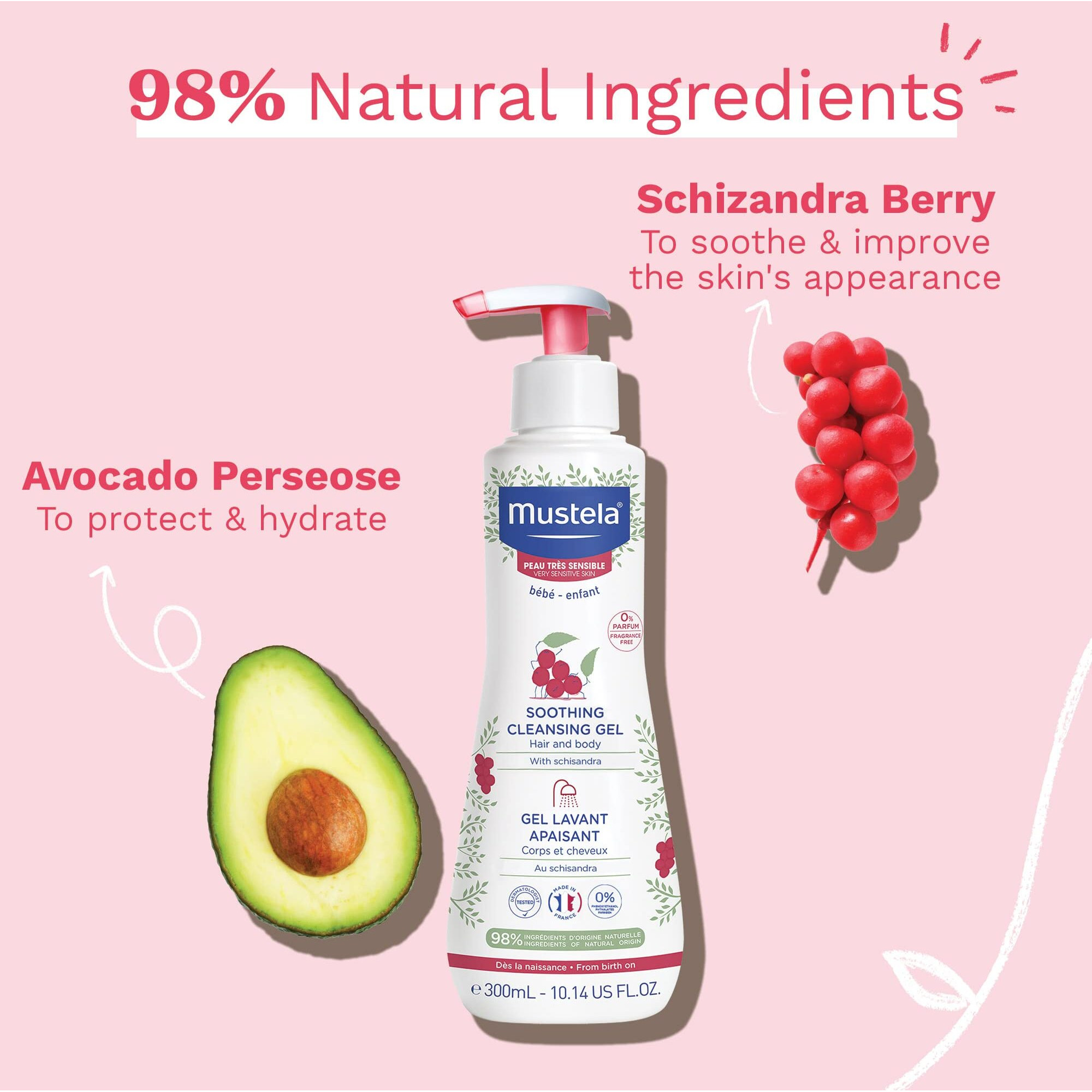 Mustela Baby Soothing Cleansing Gel - Fragrance-Free Hair & Body Wash For Very Sensitive Skin - With Natural Avocado Perseose & Schizandra Berry - 10.14 Fl. Oz.