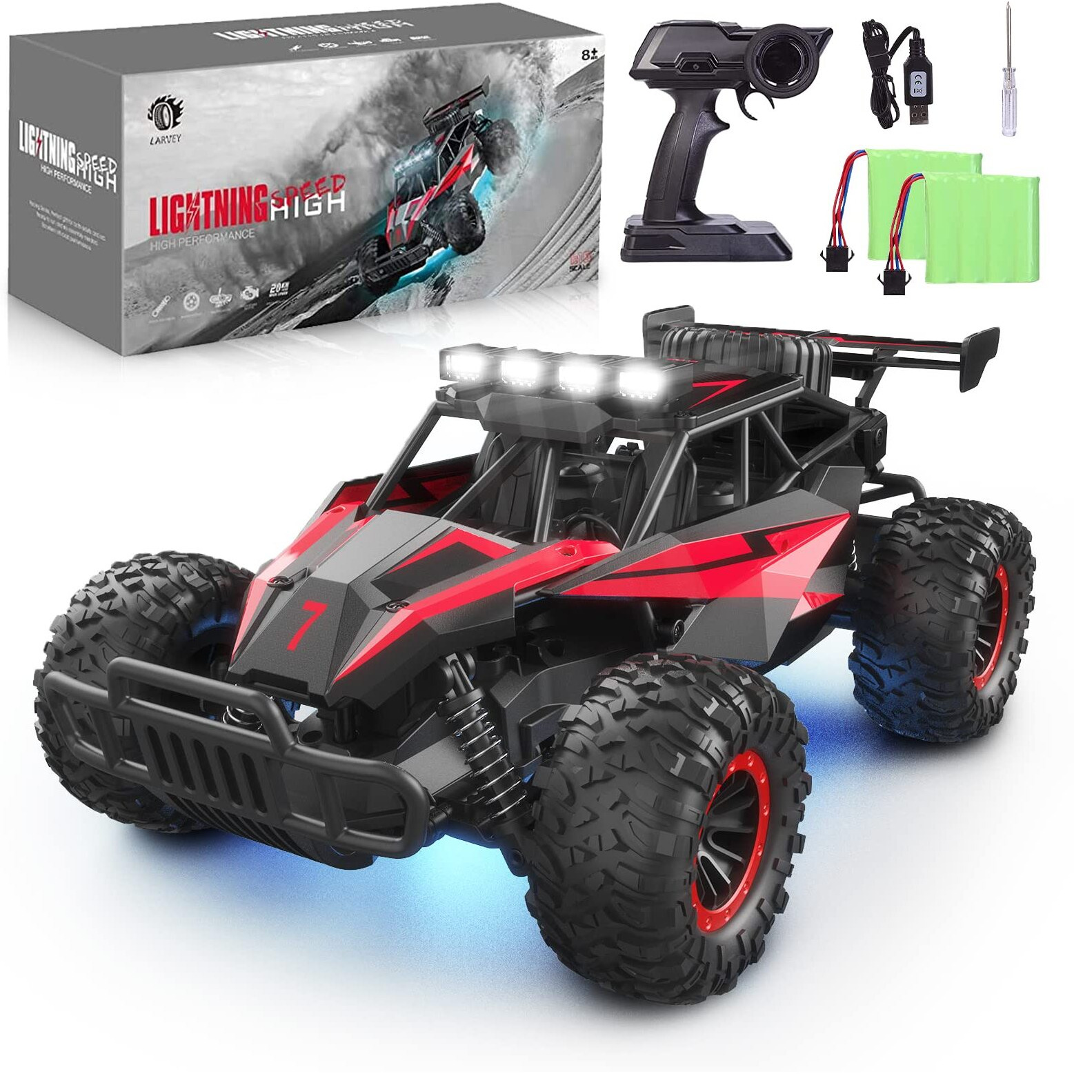Larvey 116 Scale Remote Control Car  20 Km/H High Speed Remote Control Truck Off Road Rc Monster Vehicle With Led Headlights And Chassis Lights  Electric Toy For Boys Kids And Adults