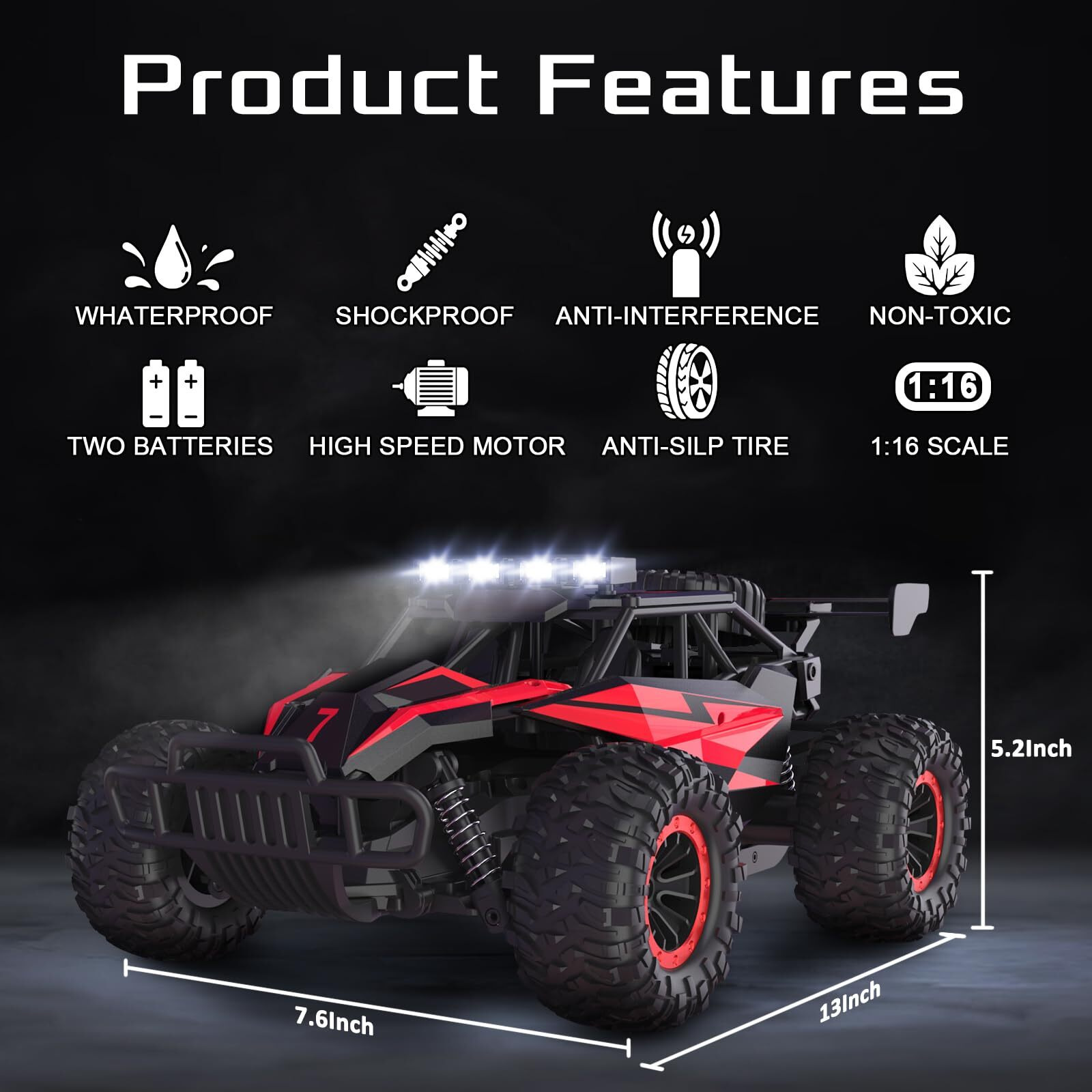 Larvey 116 Scale Remote Control Car  20 Km/H High Speed Remote Control Truck Off Road Rc Monster Vehicle With Led Headlights And Chassis Lights  Electric Toy For Boys Kids And Adults