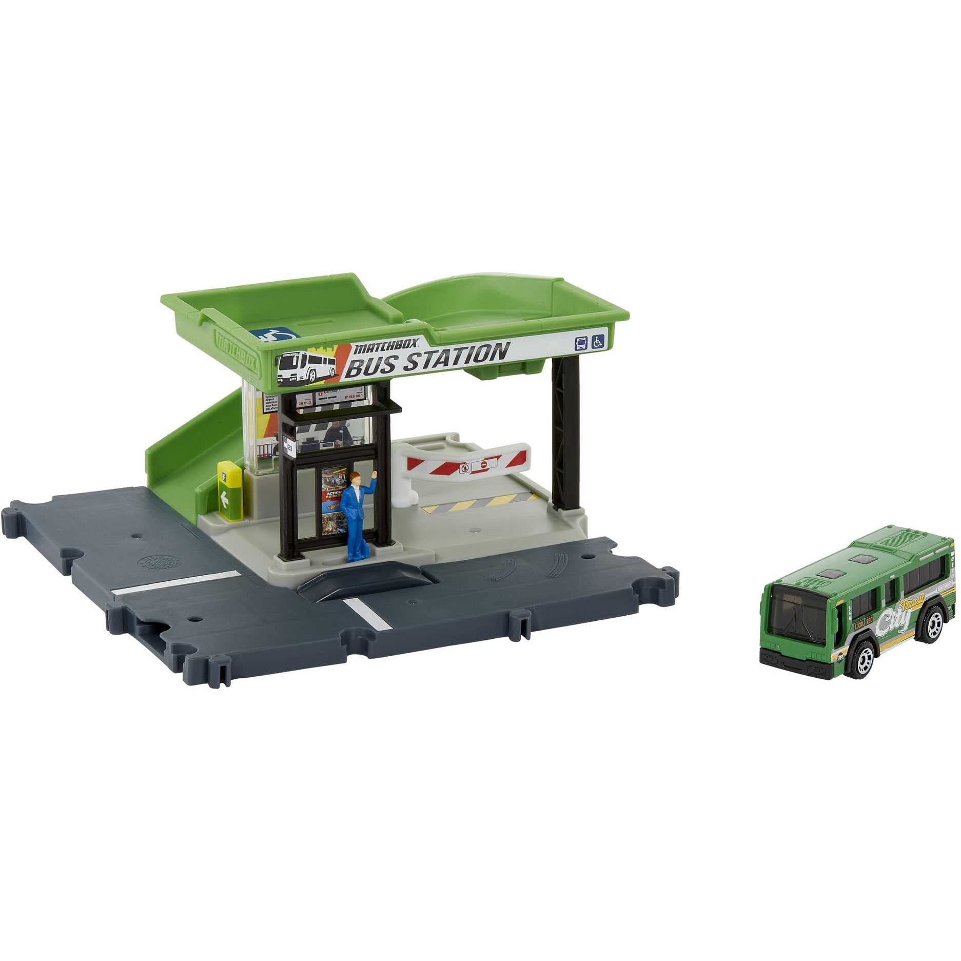 Matchbox Bus Station Track For Toy Cars Includes 1 Vehicle  Gift For Kids +3 Years Old (Mattel Hdl08)