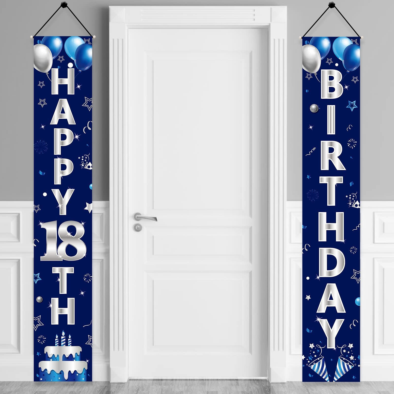 Turypaty Blue Silver 18Th Birthday Door Banner Decorations  Happy 18 Birthday Party Porch Banner For Boys  Sweet 18 Year Old Birthday Party Supplies
