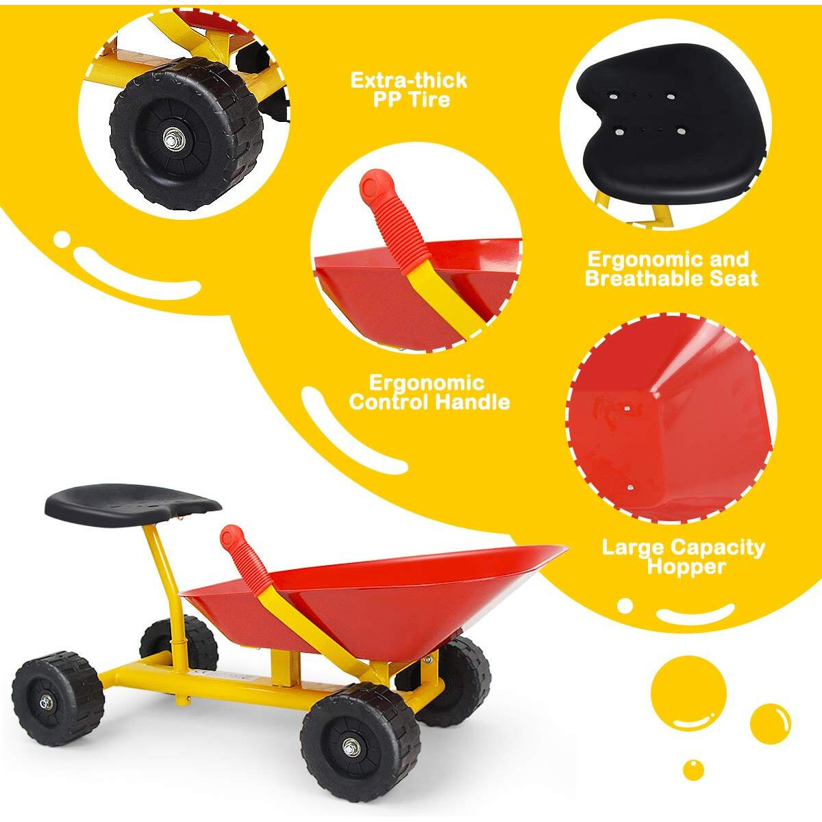 Costzon Kids Ride-On Sand Dumper  Children Outdoor Sandbox Toy W/Ergonomic Handle & 4 Wheels  Heavy Duty Steel Digging Metal Garden Play Tool For Boys Girls  Kids Wheelbarrow (Red)